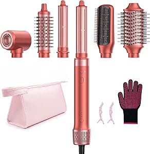 HITTIONA 6 IN 1 Hot Air Styler & Hair Dryer Brush Kit, 1500W No Heat Damage Frizz-Free Hair Styler for Curl, Wavy, Volumizer, Straighten, Fast Drying, Negative Ionic Blow Dryer Brush with Travel Bag