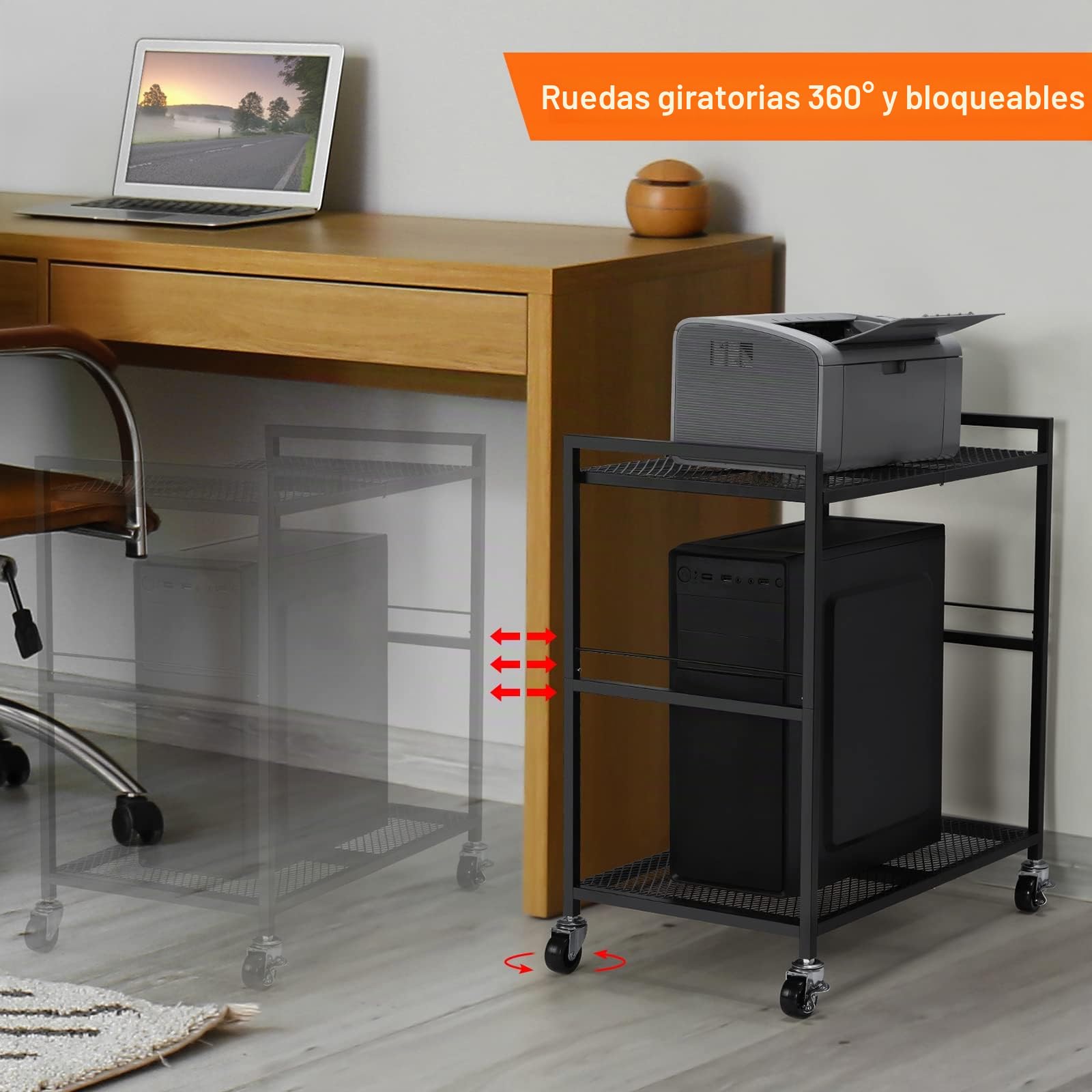 YBING, Soporte de Metal para Torre de Ordenador de 2 Niveles con Ruedas giratorias, para Debajo del Escritorio, para Impresora, fax, Oficina en casa, Negro
