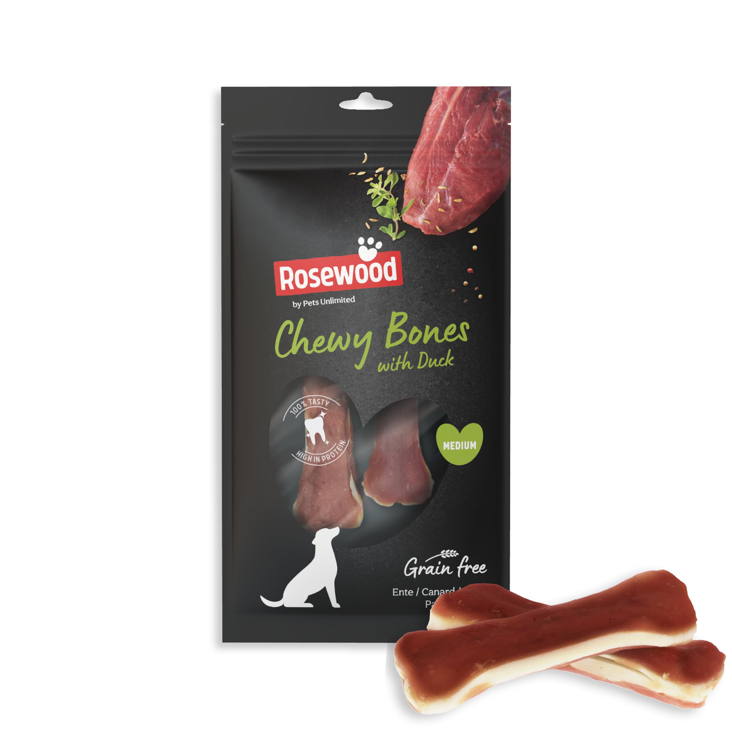 Rosewood Chewy Bones Canard Medium – Friandise à mâcher pour Chien, Peau de bœuf avec Canard, Aide aux Soins dentaires, sans additifs artificiels, 80 g