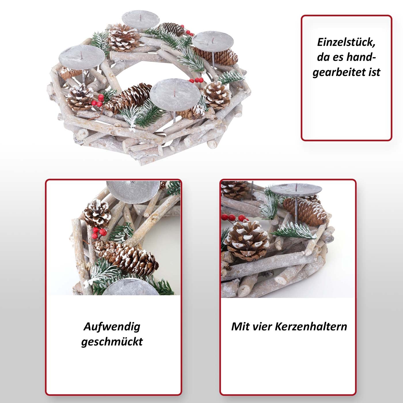 Couronne de l'avent, Bois, Rond Ø 35cm, Blanc-Gris - Bougies Blanches