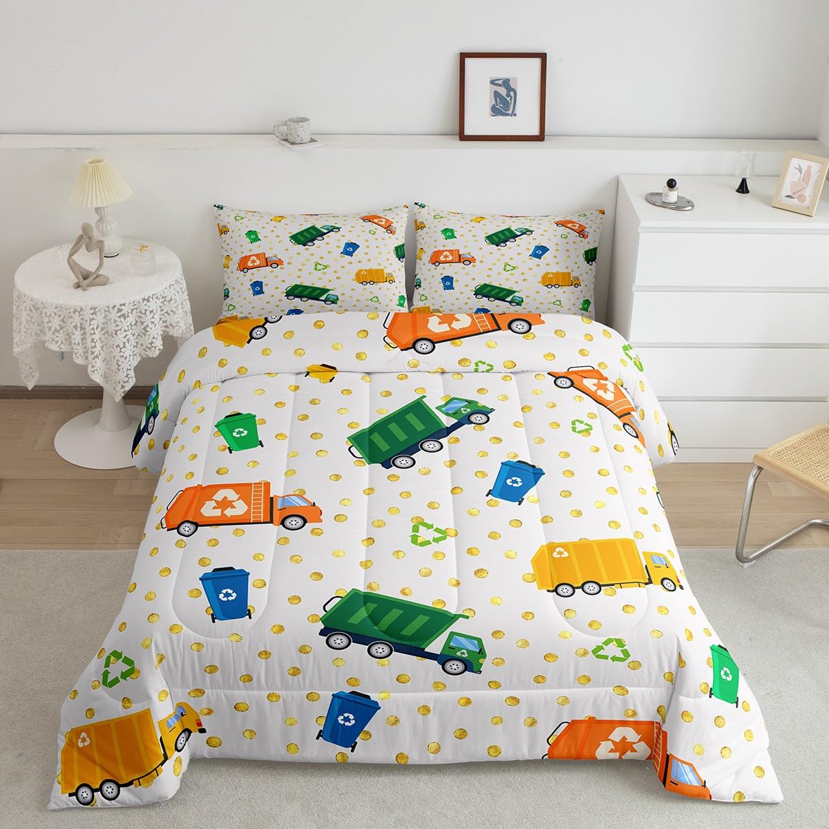Castle Fairy Garbage Truck Full Size Comforter Set, Cartoon Trash Bedding for Adults Teens Children, Green Yellow Vehicle Car Luxury Quilt Set Room Decor 3Pcs