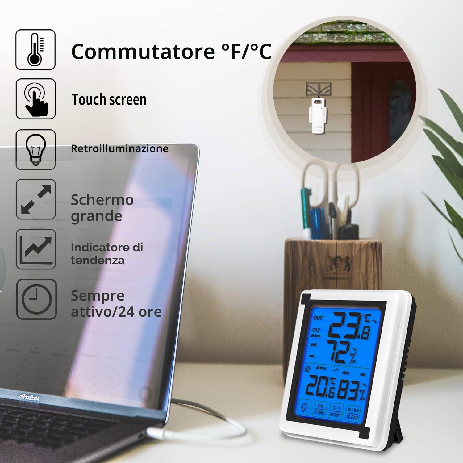 ThreeH Indoor Outdoor Termometro Igrometro Digitale con 3 Sensori Wireless Misuratore di umidità Misuratore di Temperatura Accurato con Retroilluminazione LCD Touchscreen (3 sensori)