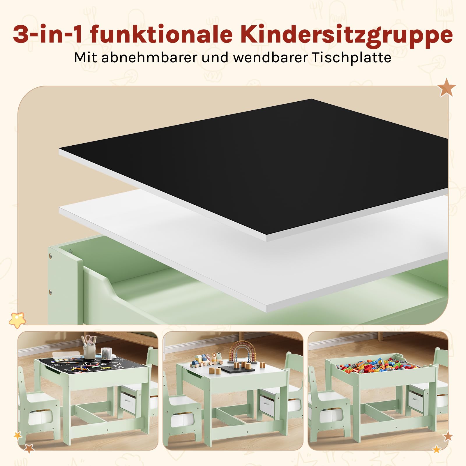 WOLTU Kindertisch mit 2 Stühlen, für Kinderzimmer Kindergarten, Kindersitzgruppe mit Stauraum, mit wendbarer Tischplatte, für Kinder ab 2 Jahren, Grün + Weiß