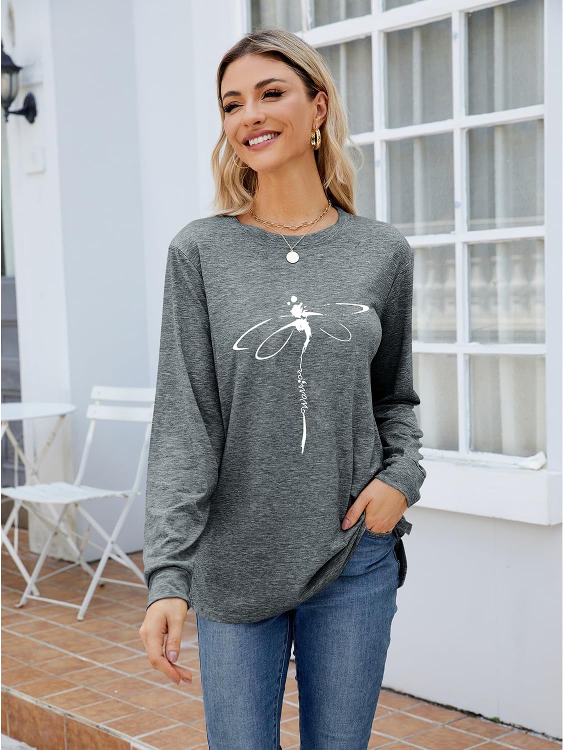 Women's Dragonfly Trendy Graphic Long Sleeve Shirts Basic Tee Fall Winter Loose Cozy Cute Pullover Tops - Image 5