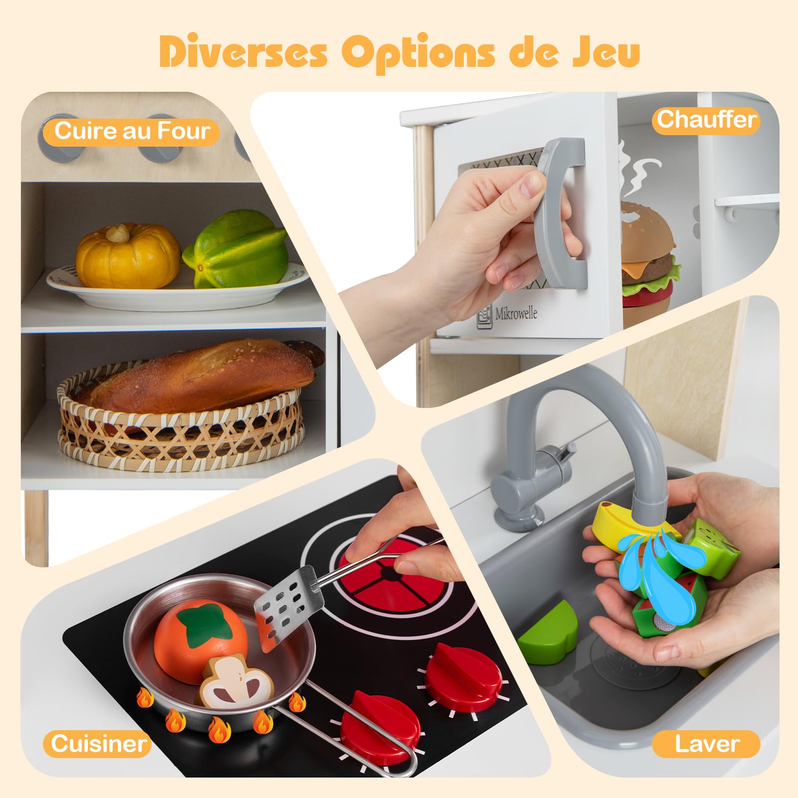 GOPLUS Cuisine Enfant en Bois, Jouet de Cuisine avec Effect Sonore, Évier Amovible, Hotte de Cuisine, Machine à Glaçons, 18 Accessoires Complets, pour Garçons Filles 3-6 Ans (Gris)