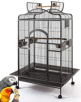 Extra Large Wrought Iron Open/Close Dome Perch Stand Play Top Bird Parrot Rolling Cage Solid Metal Plated Feeder Door Prevent Food Spillage Side Breeding Doors Around Metal Seed Guard
