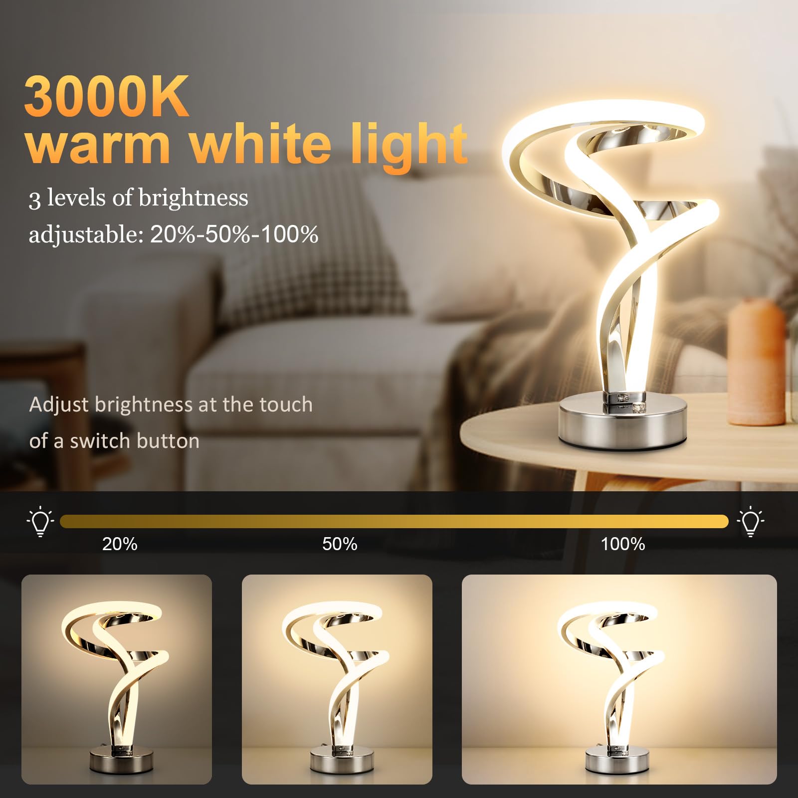 Lightess Lampade da Comodino Touch Dimmerabile, LED Lampade da Tavolo Moderna a Spirale, 10W Abat Jour da Comodino, 7 RGB 10 Modalità di Illuminazione, Luce Notturna per Camera da Letto Salotto
