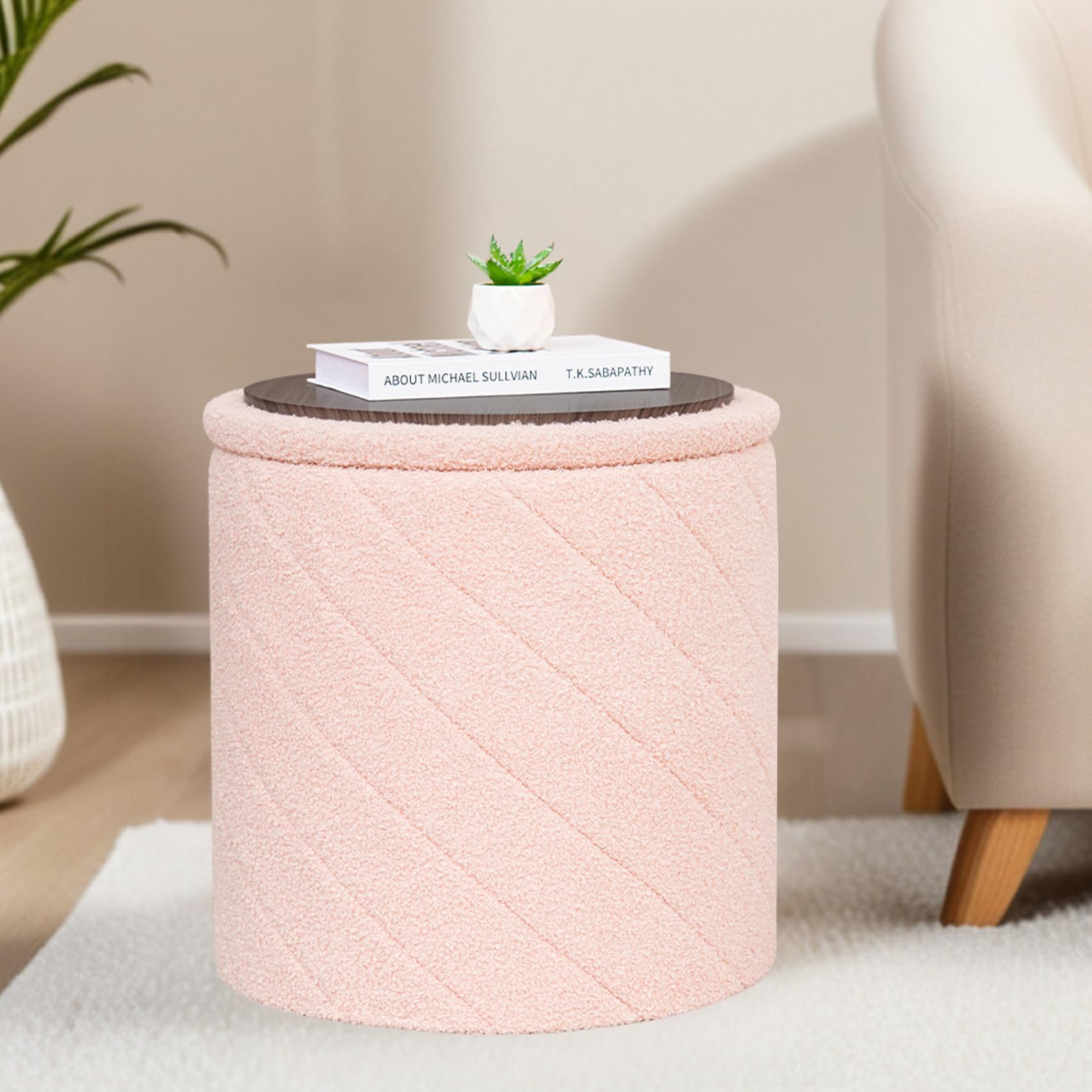 PINPLUS Puff Almacenaje Plegable con Tapa Reversible, Taburete Otomano Redondo Teddy Bouclé, Reposapiés para Salón o Dormitorio, Ø 43 x 45 cm, Rosa