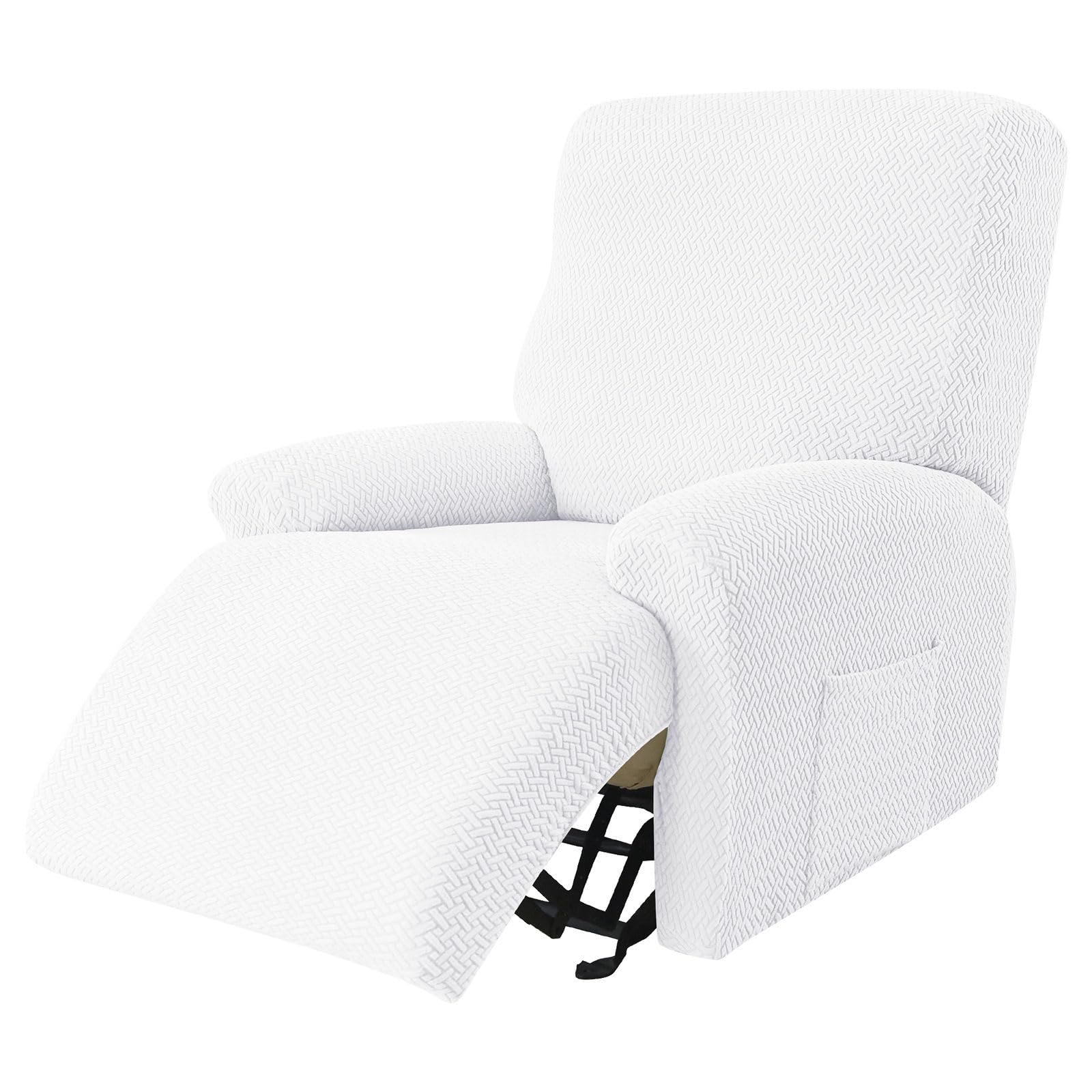 CLGTY Recliner Chair Covers Stretch Spandex Fabric, 4-piece Reclining Sofa Slipcover With Pocket Armchair Covers For Kids Pets-White-chair