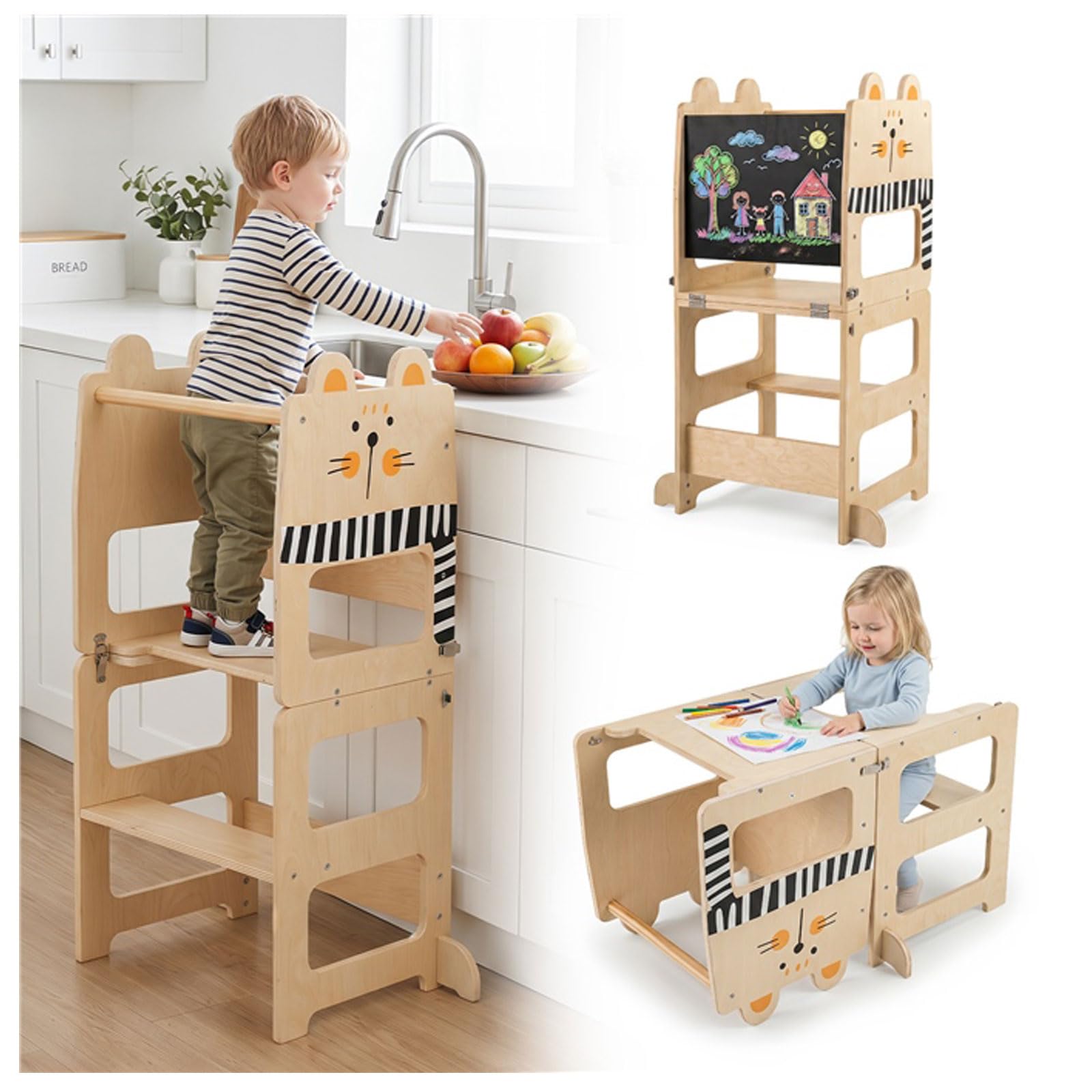 DREAMADE 3-in-1 Montessori Lernturm klappbar, Tritthocker für Kinder | Küchenturm aus Massivholz mit Maltafel, verwandelbar in Kindertisch & Stuhl, kippfestes Kindermöbel ab 18 Monaten
