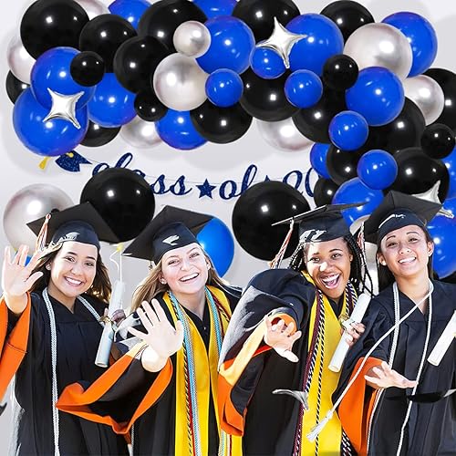 Miniatura 5 de Kit de arco de guirnalda de globos azul y negro, plateado, 124 globos azules y negros, globos plateados metálicos negros con cortina de flecos para