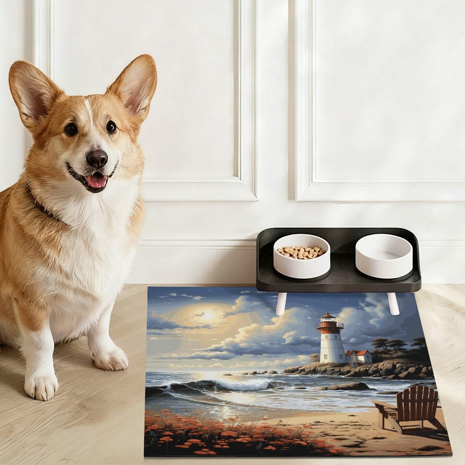 Sea Lighthouse Sandbeach Tapis de nourriture pour chat – Tapis d'alimentation antidérapant pour chien facile à nettoyer pour la nourriture et l'eau, tapis de gamelle pour chien et chat, 61 x 81,3 cm
