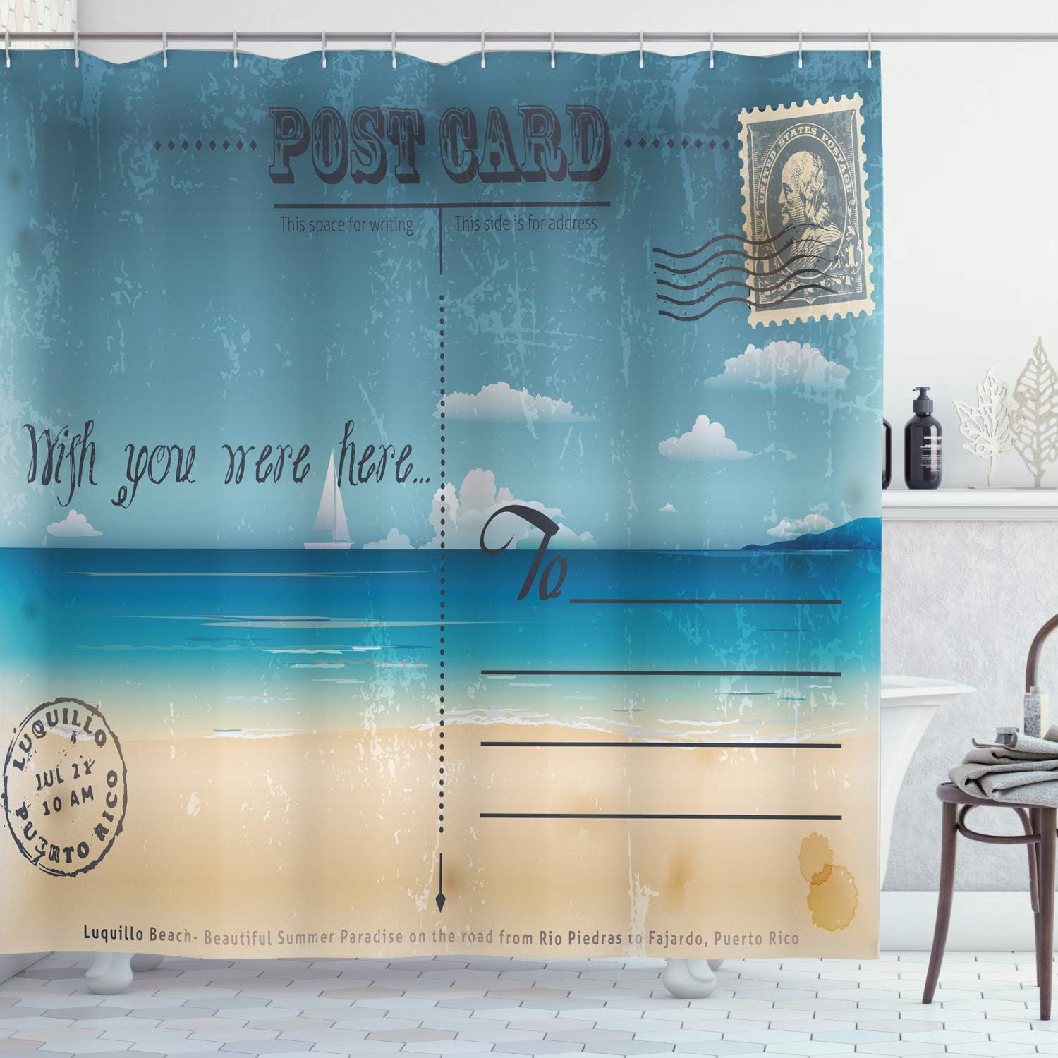Postcard Decor Shower Curtain by Ambesonne, Nostalgic Tropical Summer Backdrop on Vintage Card Stamp Travel Print, Fabric Bathroom Decor Set with Hooks, 70 Inches, Sand Brown Teal