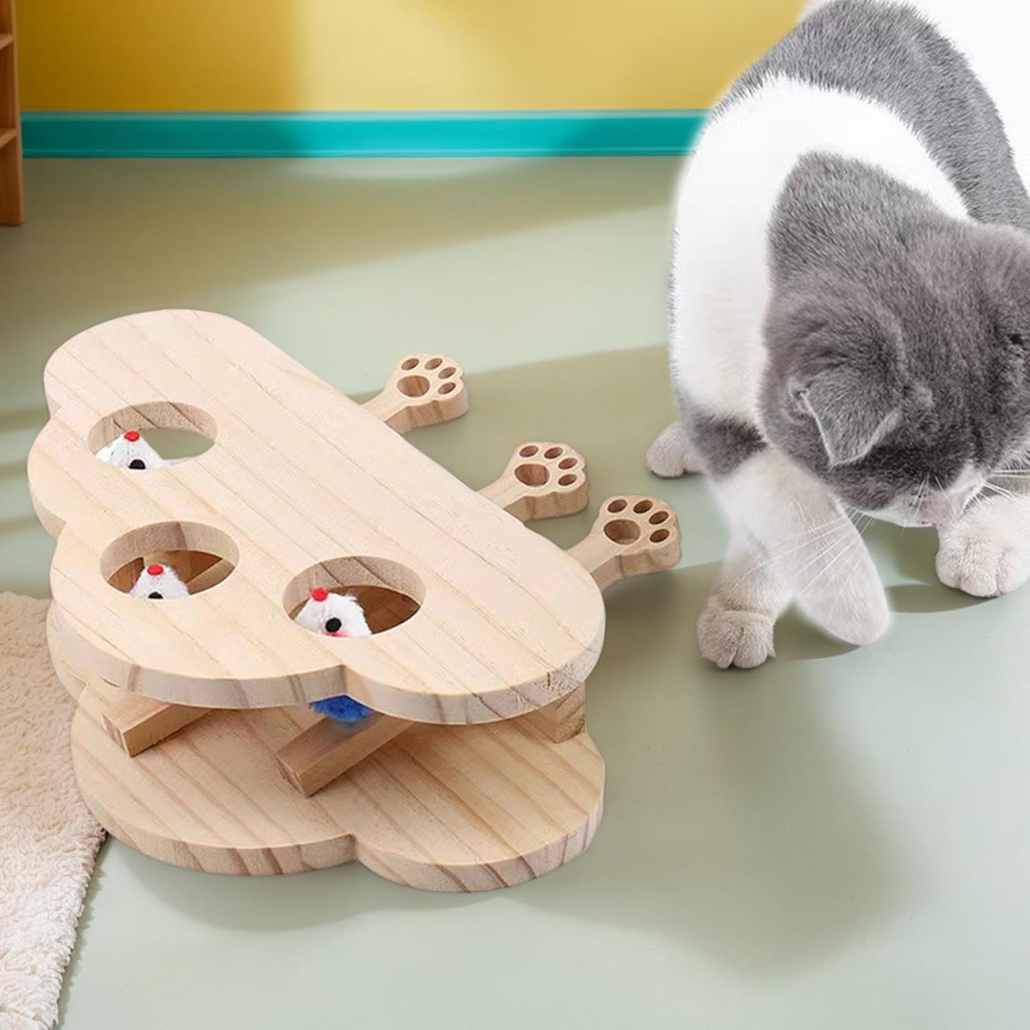 Cat Toy Eco-Friendly Wooden Cat Toy with 3 Holes Engaging Stimulated Interactive Toys Toys for Indoor Supplies.