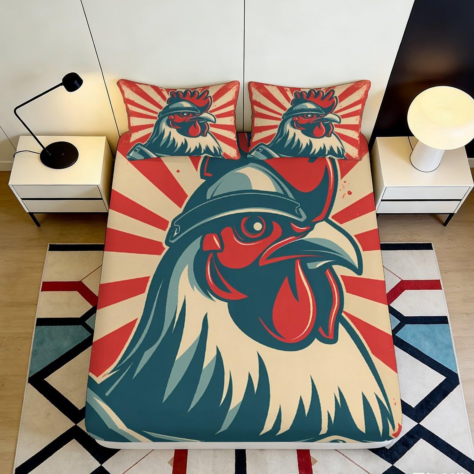 3D Printed Warrior Chicken Fitted Sheet Microfiber Soft Breathable Cartoon Rooster Bed Cover for Bedroom Dorm Mattress Decor 120x200x25cm