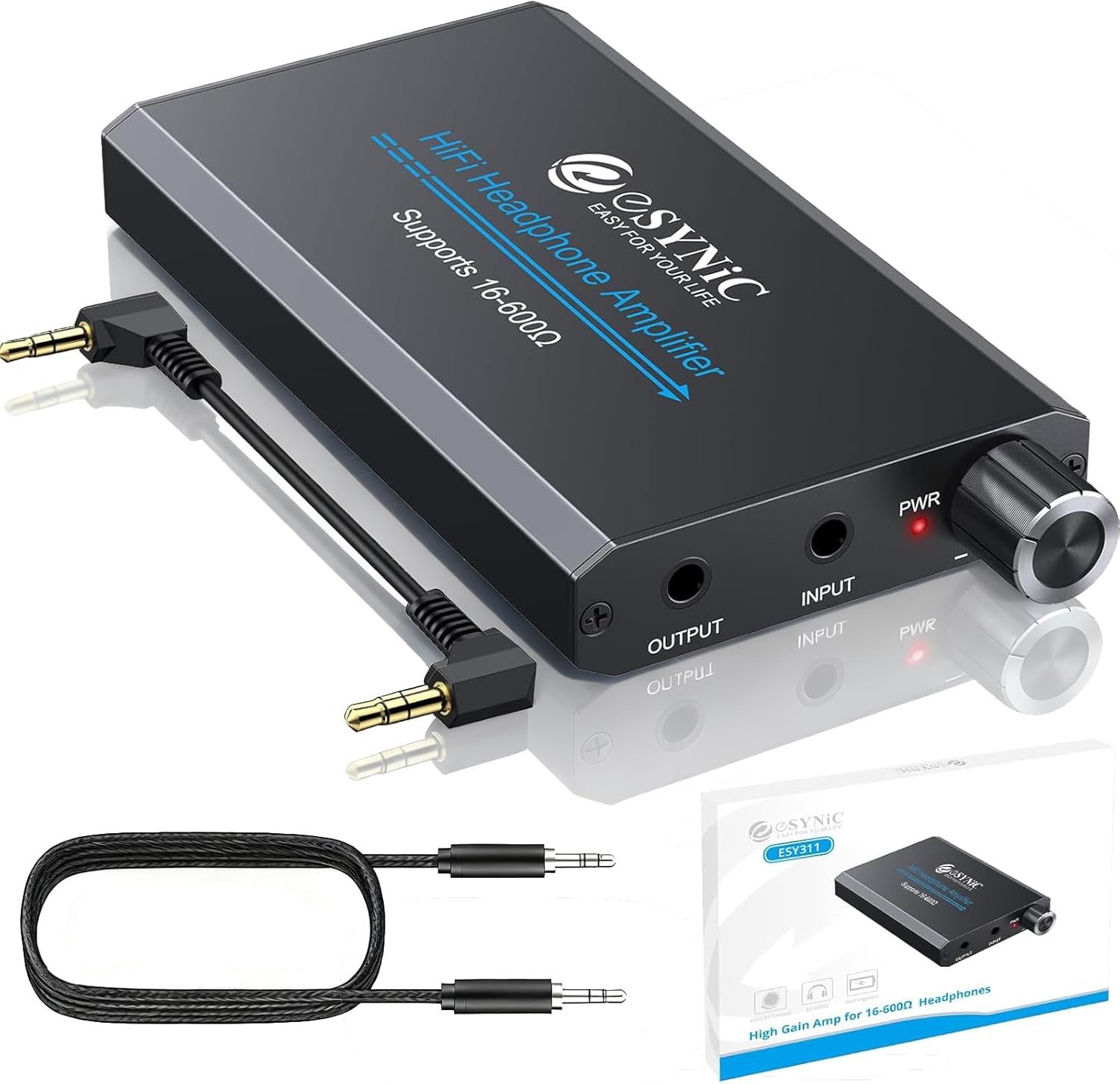 eSynic 16-600Ω Headphone Amplifier Portable - HiFi 3.5MM Audio Headphone Amp Rechargeable with 2-Stage Gain Switch-Aluminum Alloy Case &12H Playtime-0.0005% THD for MP3/Phone/PC/Laptop/Car (3.5mm AUX)
