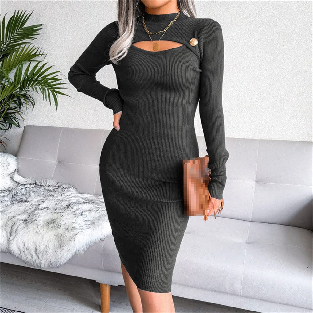 Suvoiier Vestido ajustado de punto para mujer, de otoño, de manga larga, hueco, para mujer, vestido de lápiz
