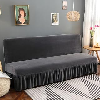 Zeyeo Funda de futón pequeña sin Brazos de Color Rosa con Falda con Volantes, Funda de sofá Antideslizante de Gran Elasticidad, Tela de Terciopelo Suave y Grueso (120-140 cm)(Grey,Large (180-200cm))