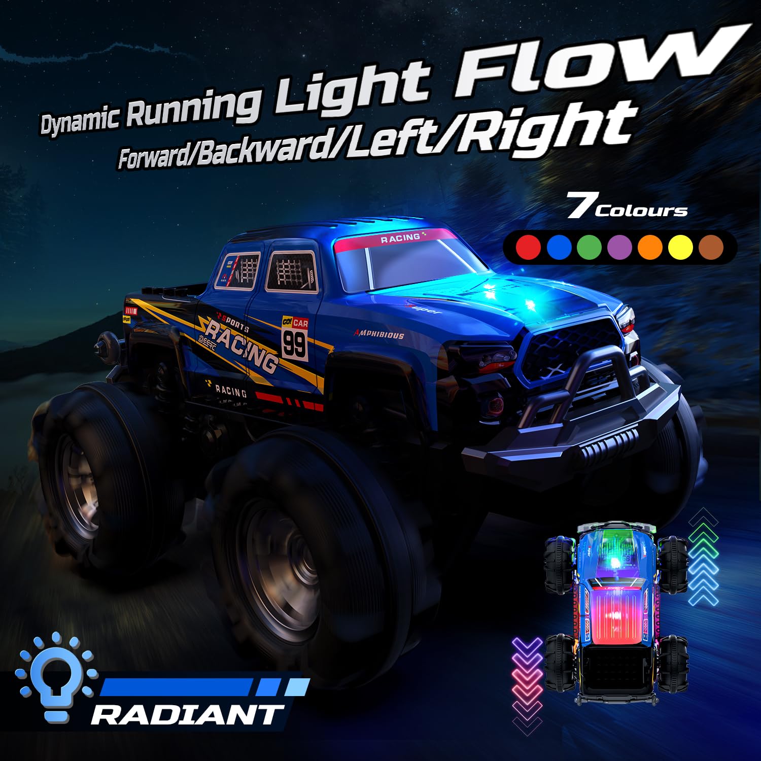 DEERC Coche Anfibio teledirigido para niños, Resistente al Agua IPX7, con Control por Gestos, 2.4GHz 4WD, rotación de 360°, luz LED, 40 Minutos de autonomía, Juguete para niños de 6 a 12 años (Azul)
