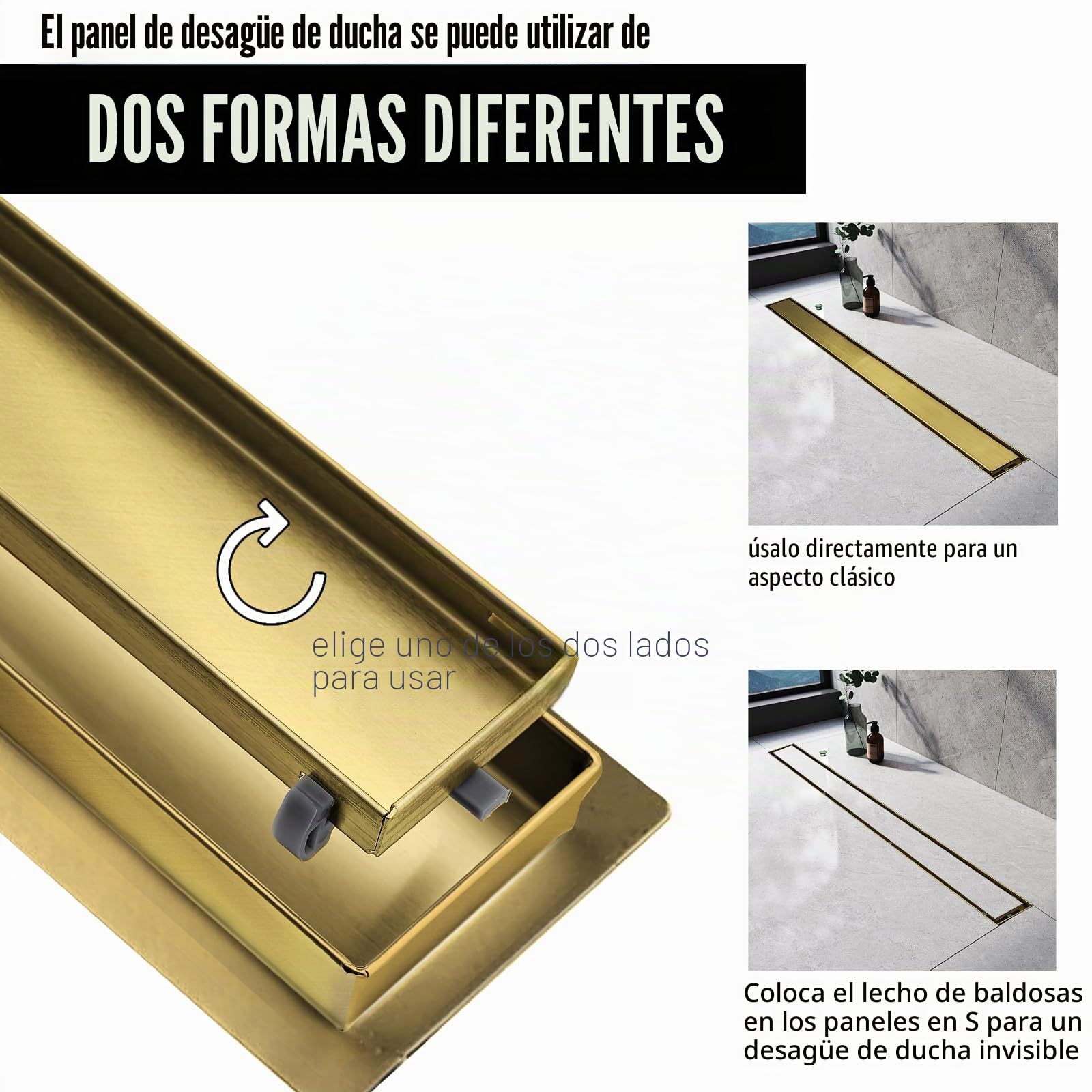 Canaleta Ducha 70 Cm, Dorado 2 en 1 Sumidero Ducha con Sifón | Canal Ducha de Acero Inoxidable con Sifón y Filtros