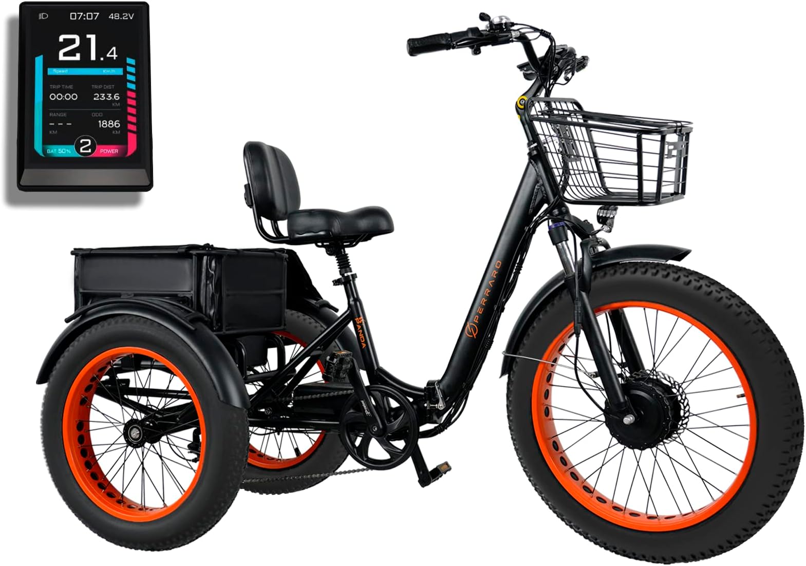 Perraro Panda Electric Trike for Adults - 750W Foldable 3 Wheel Electric Bicycle with 65-Mile Long Range Motorized Tricycle, 450 lbs Load Capacity, Removable 48V Samsung Battery, Large Cargo Basket
