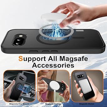 for Google Pixel 9A Case Magnetic Shockproof, [Fit for MagSafe] [Glass Screen Protector] Translucent Anti-Fingerprint Case for Google Pixel 9A (Black)