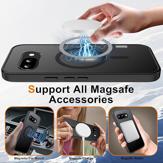 for Google Pixel 9A Case Magnetic Shockproof, [Fit for MagSafe] [Glass Screen Protector] Translucent Anti-Fingerprint Case for Google Pixel 9A (Black)