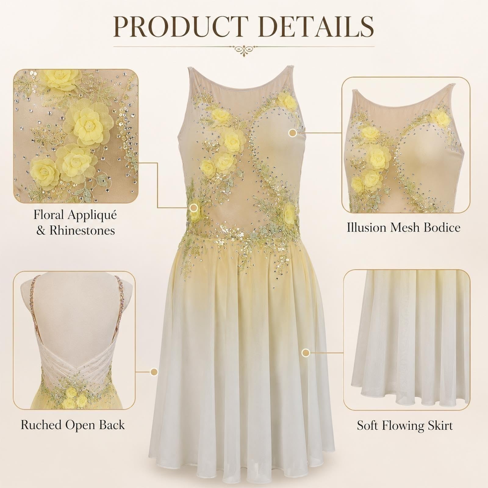 Vestido de danza lírica con flores y pedrería mujer y adolescente