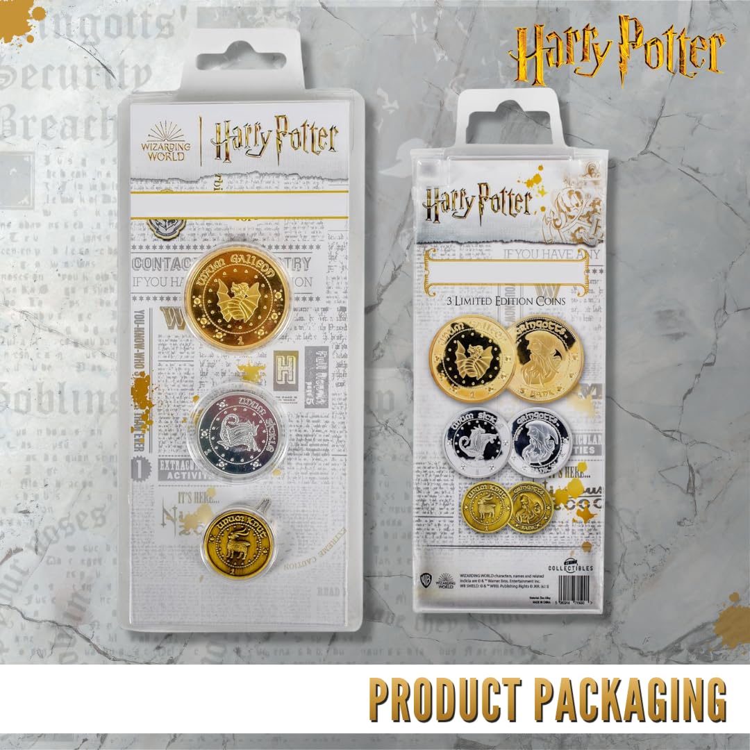 Harry Potter Replik-Münzen - Gringotts Zaubererbank 3er-Set - Sammlermünzen aus Metall - HP Fanartikel Sammlerstück - Geschenke für Damen Erwachsene Kinder Mädchen Jungen Fans