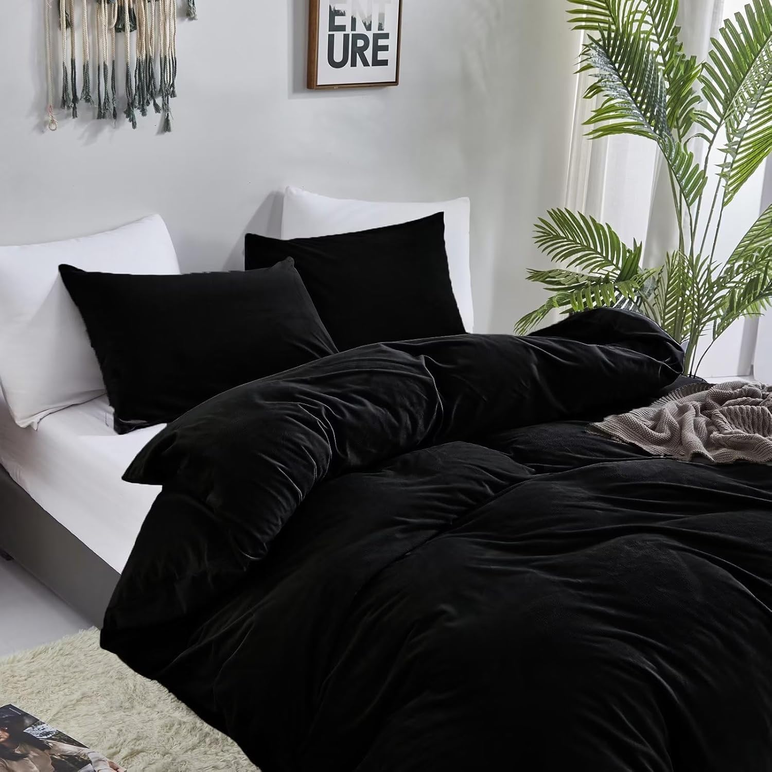 KAREVER Black Velvet Comforter Set - Full Flannel Bedding Comforter Set with 3 PCs Warm Soft Solid Black Winter Blanket - Image 3