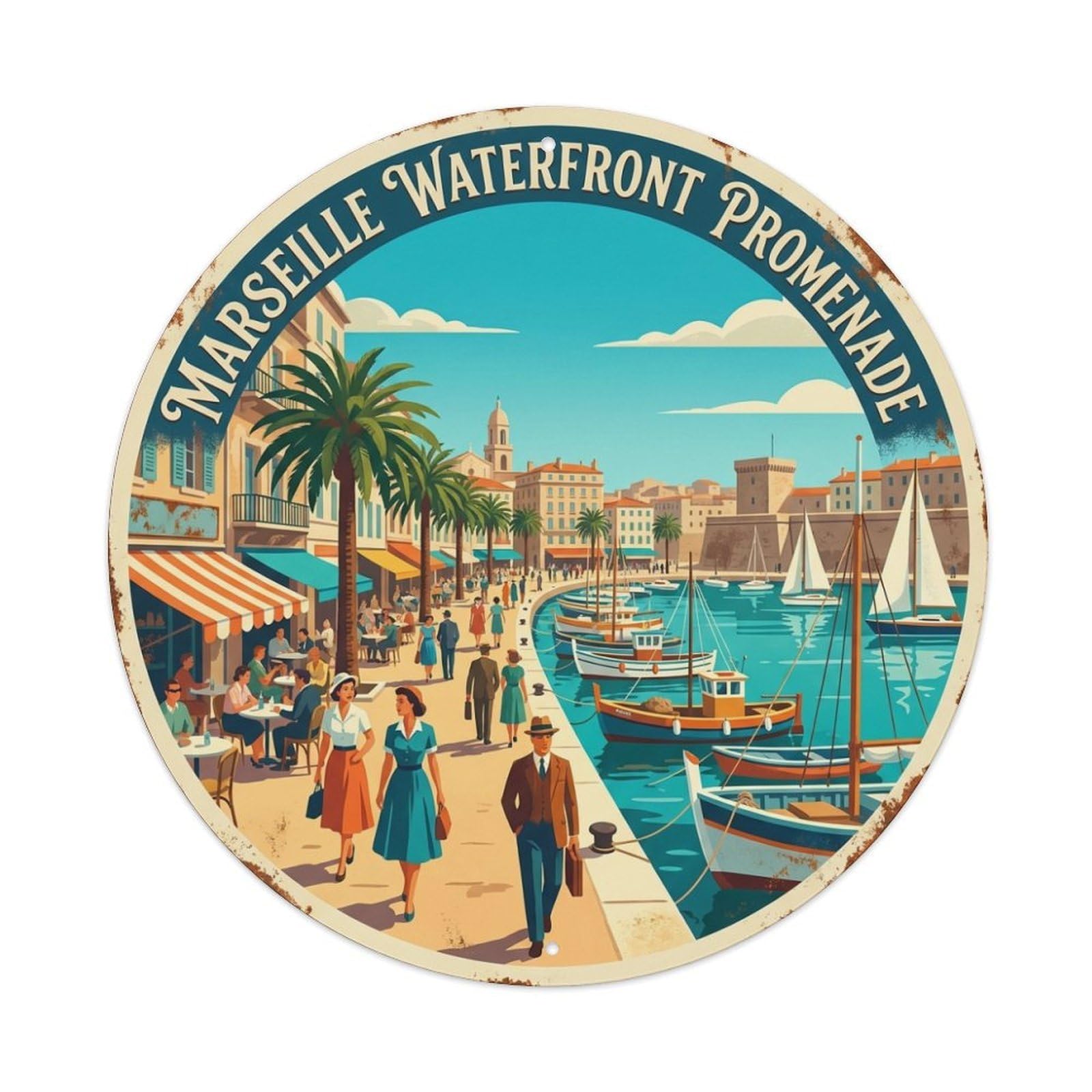 Waterfront Promenade Marseille Seaside Landscape Metal Tin Sign