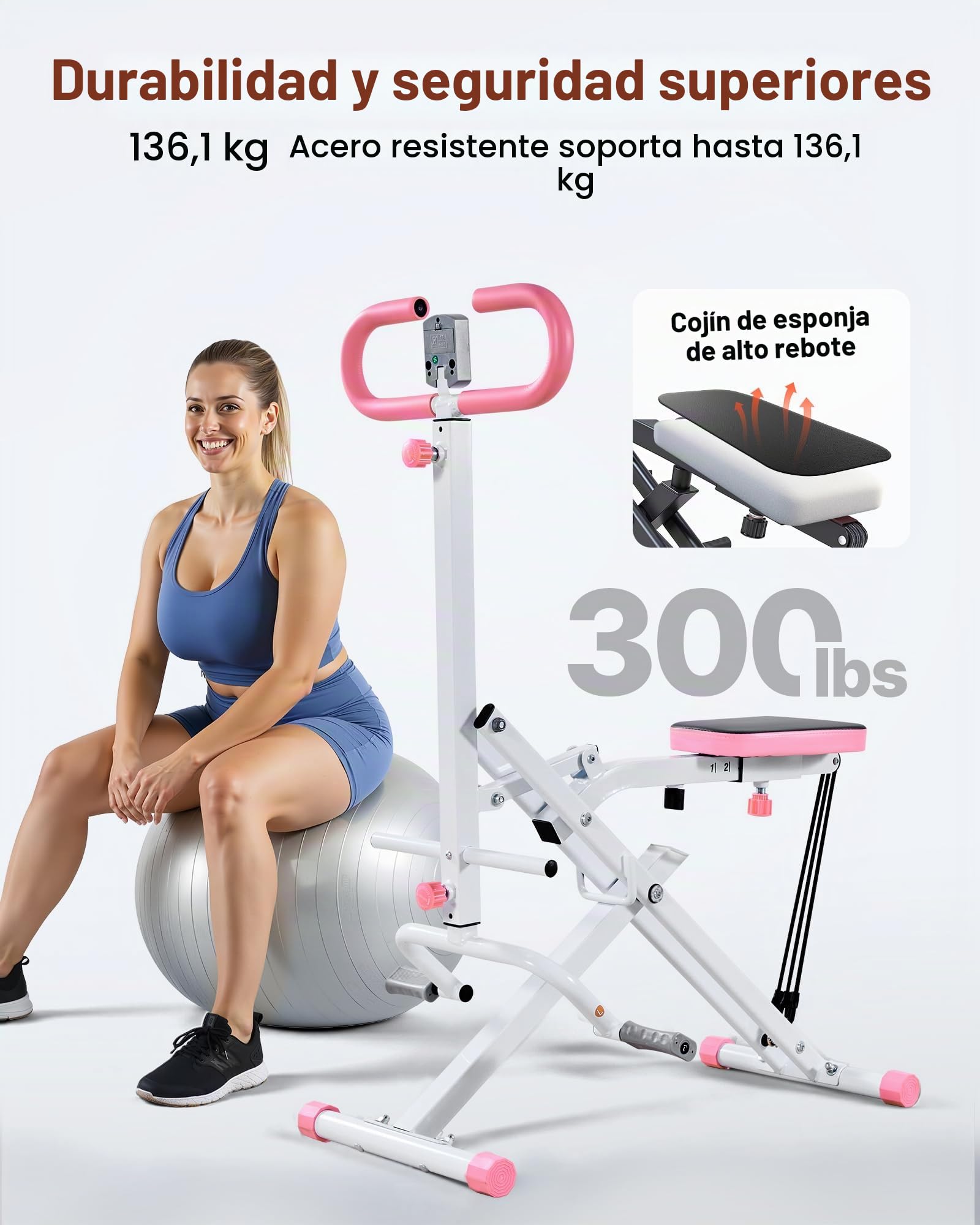 VEVOR Máquina de Sentadillas para Sentadillas Profundas, Plegable, con Asiento Ajustable en 5 Niveles, Equipo de Entrenamiento en Casa para Glúteos y Piernas, Blanco y Rosa, 900 x 580 x 1120 mm