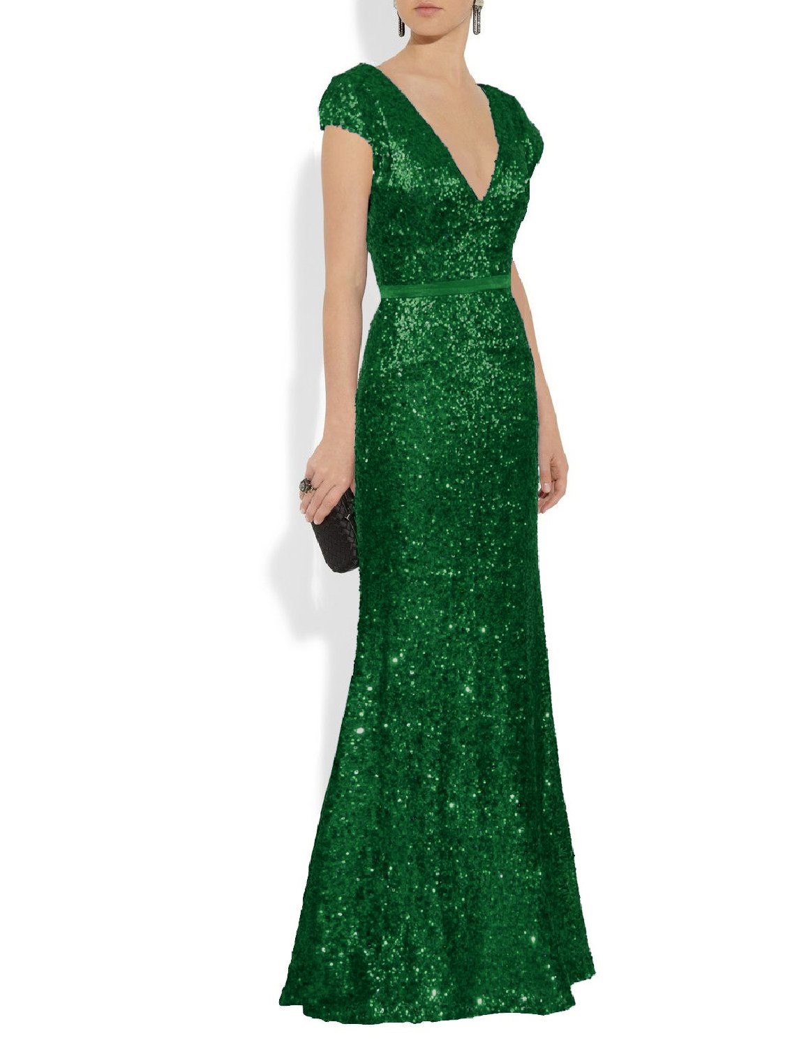 Women's V Neck Sequined Long Evening Dresses Formal Gowns Green Size 24