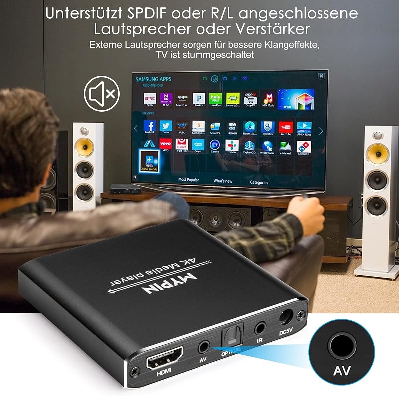 MYPIN 4K Multimédia Lejátszó HDMI/AV USB SD Kártyaolvasó Távirányítóval