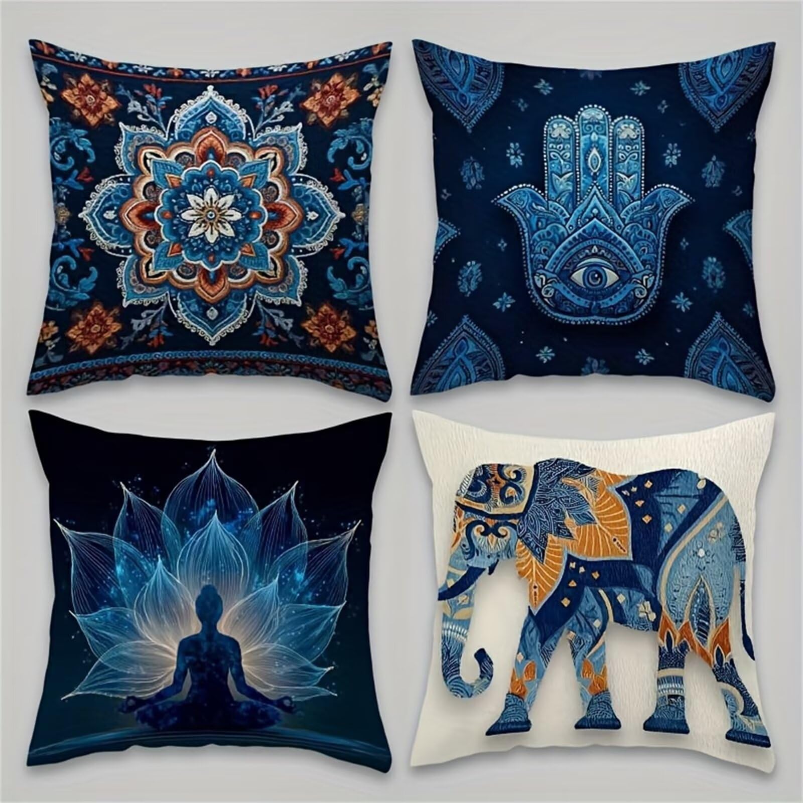 Housses de coussin 40x40 bleu bohème mandala lin pour canapé salon