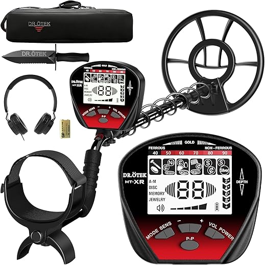 DR.ÖTEK Metal Detector for Adults Professional Gold Detector Kit with Higher Accuracy, Waterproof 10" IP68 Coil, Bigger LCD Display, 5 Modes, Advanced DSP Chip for Treasure Hunting, MTXR-Red