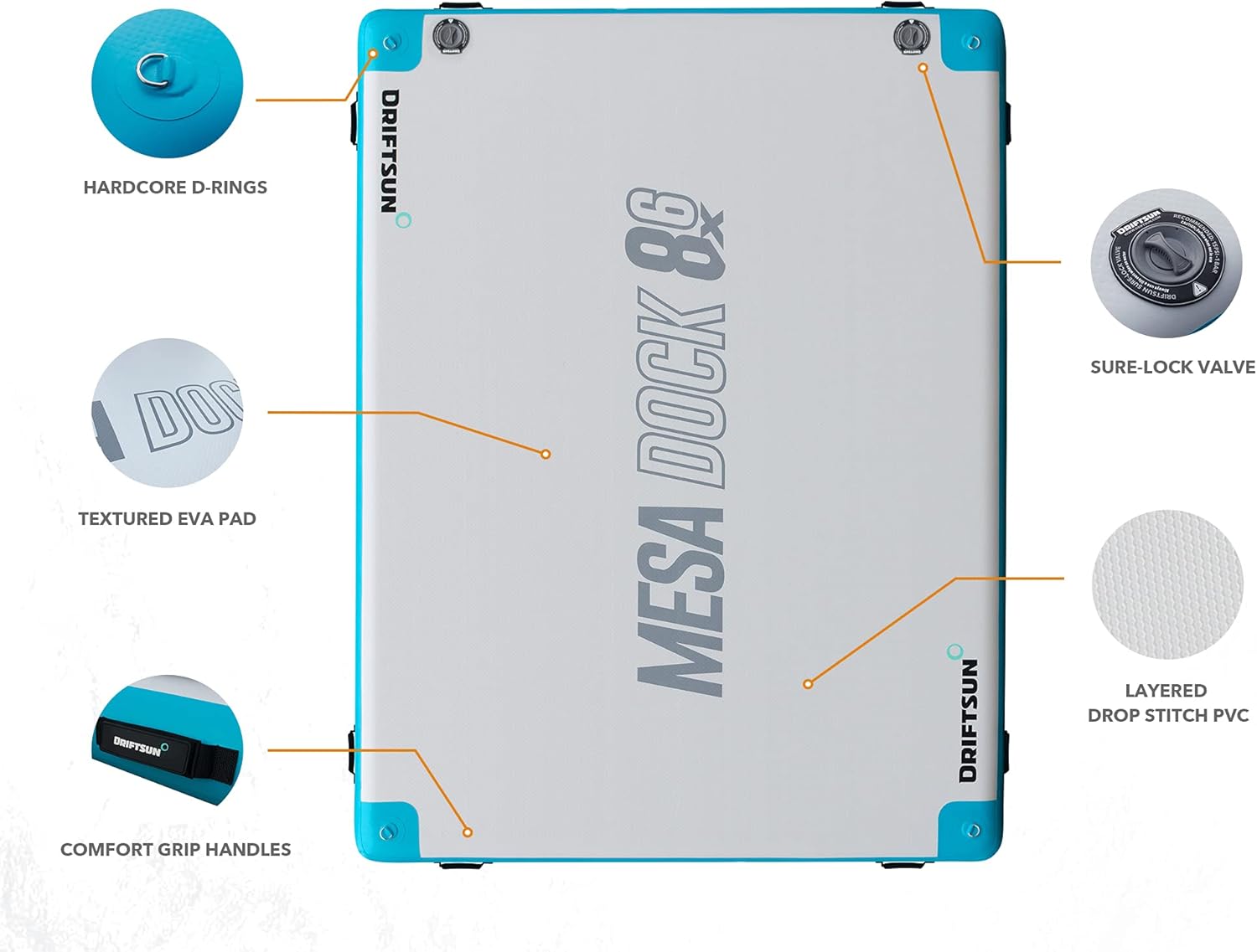 Driftsun Inflatable Floating Dock Platform - Mesa Dock Floats, Floating Docks for Lakes & Boats, Inflatable Island, Swim Platform Blocks, Quick Inflation, Floating Mats for The Water 8x6ft