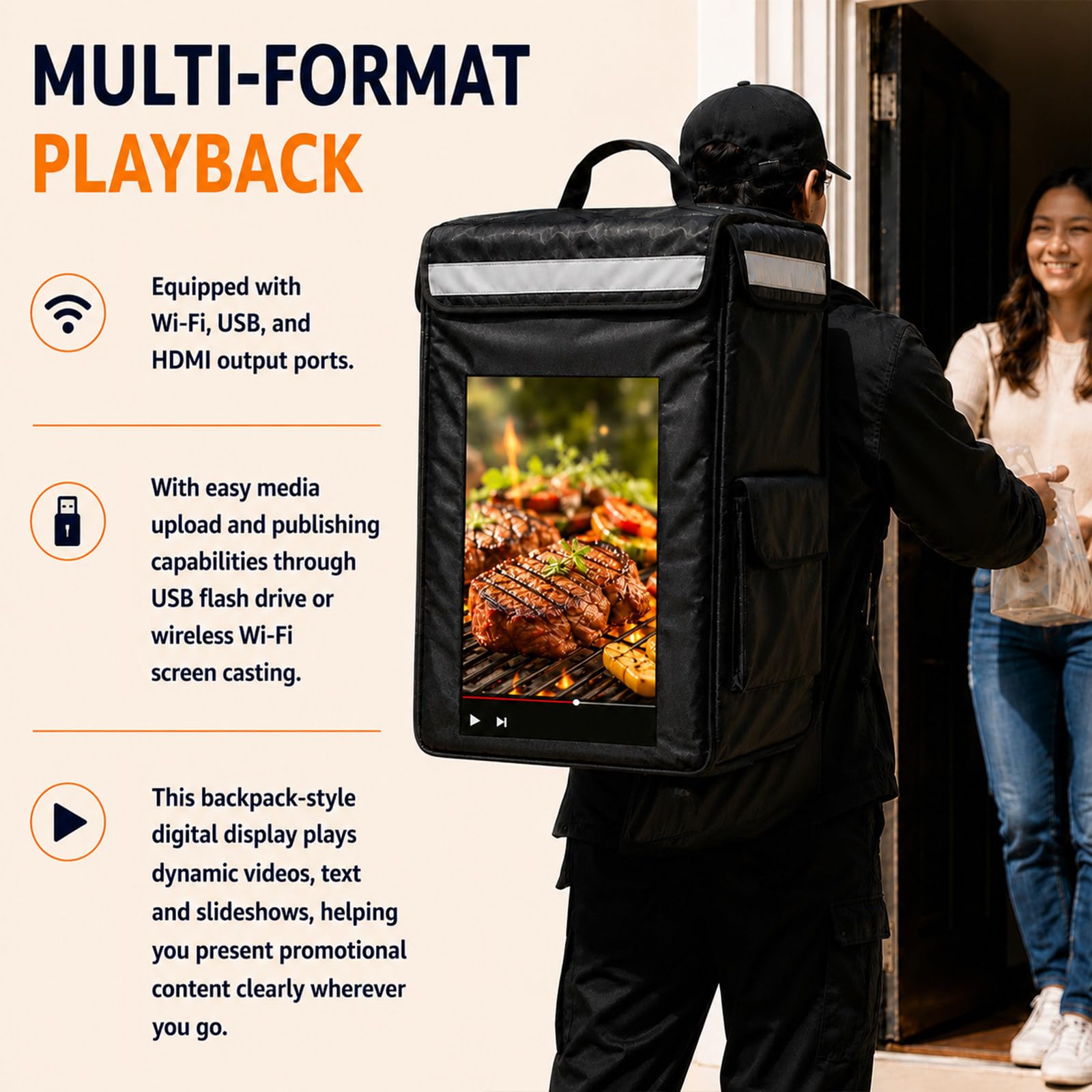 Mochila Térmica de Reparto con Pantalla, Tamaño de 43 × 36 × 51 cm | Resolución 1080P, Visión de 180° y Brillo Automático para Restaurantes, Campus y Zonas Peatonales Concurridas