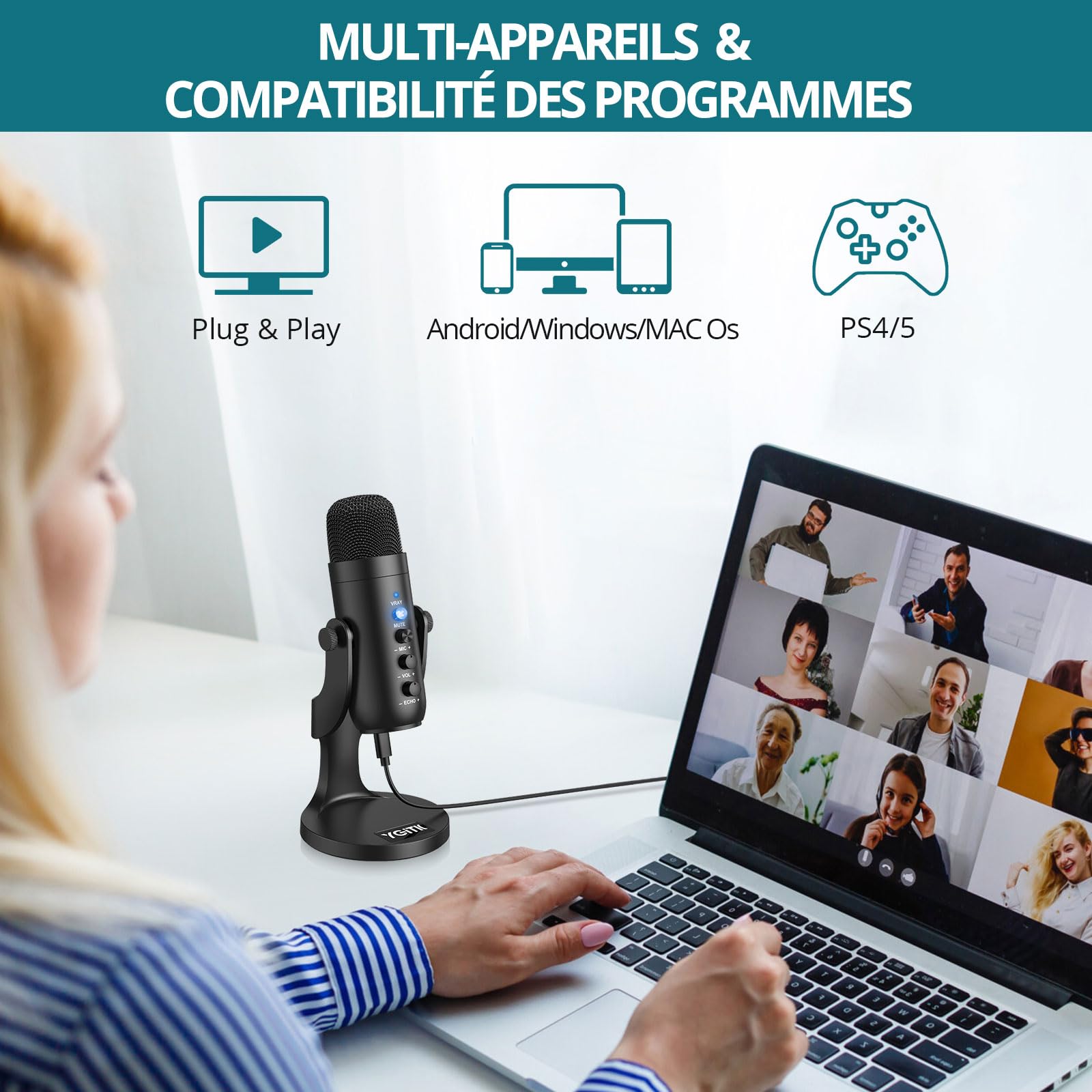 Micro USB à Condensateur Cardioïde avec Contrôle du Volume Microphone USB Micro PC & Mac Micro Gaming Condensateur pour Live, Enregistrement, Gaming, Podcast, Streaming