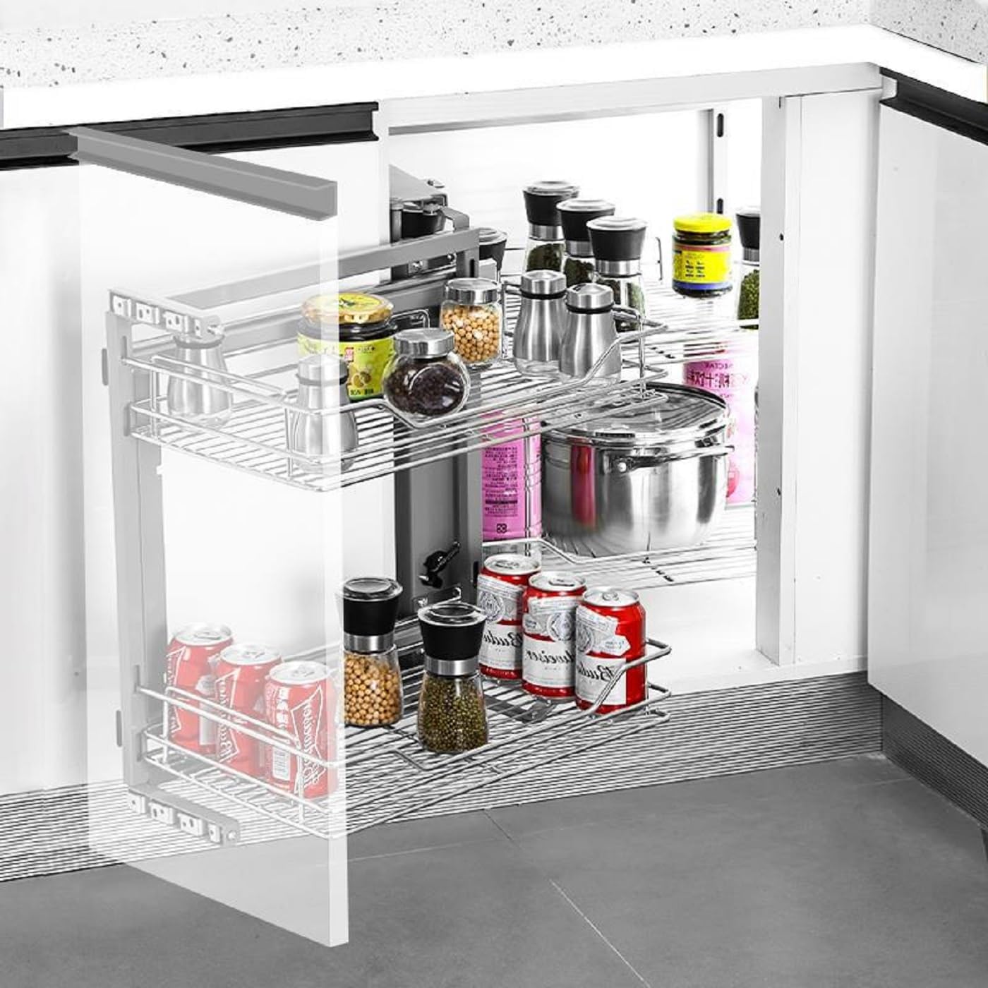 Gdrasuya10 Stainless Steel Blind Corner Cabinet Pull Out Organizer, 2 Tier Corner Pull Out Cabinet Steel Slide Out Organizer Kitchen Deep Cabinet Storage Organizer Shelf for 16" Left Opening Door