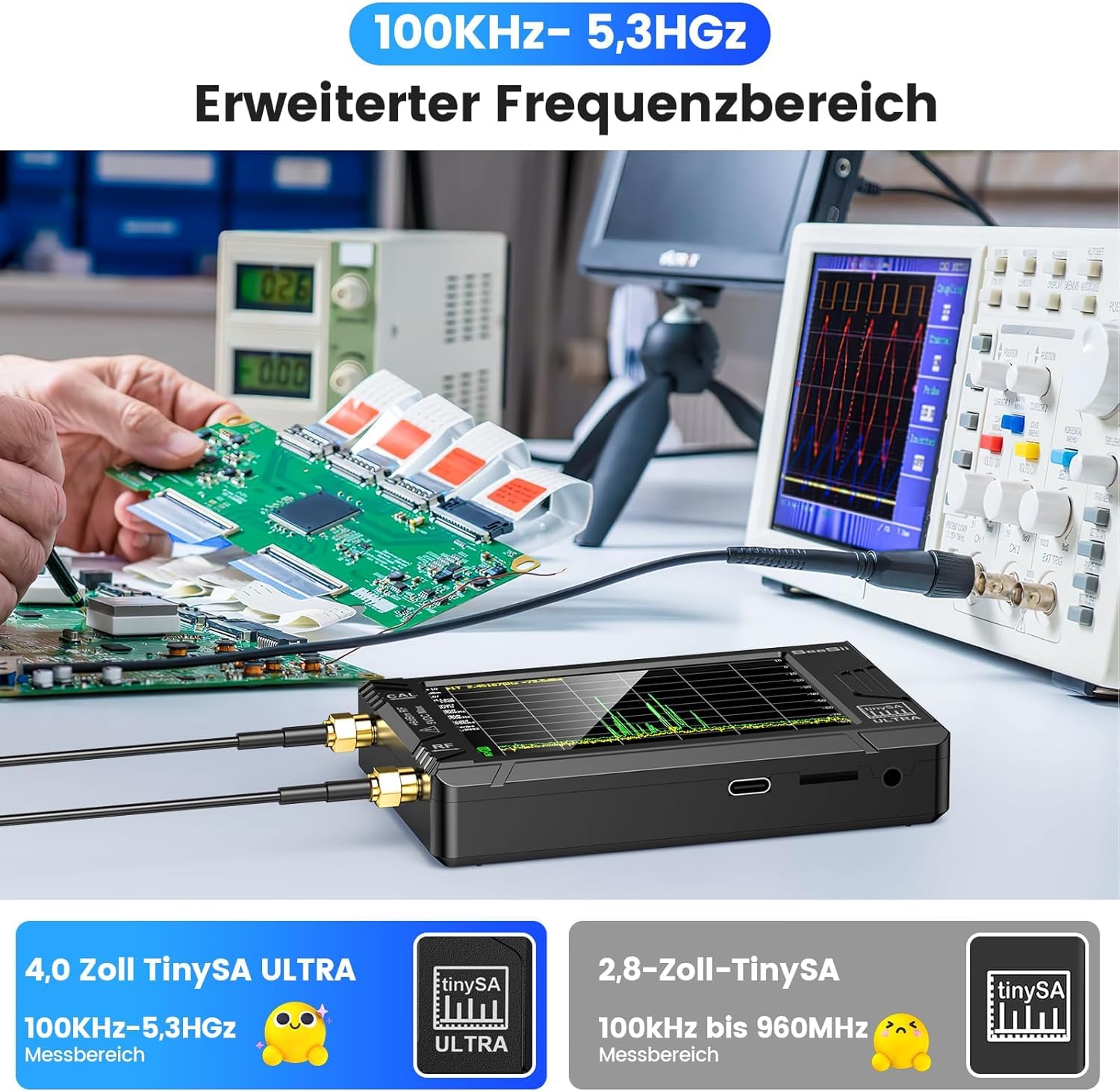 SeeSii TinySA Ultra Spektrumanalysator mit 50W Dämpfungsglied, 4,0 Zoll Frequenzanalysator 100 kHz- 5,3G Hz, 2-in-1 Signalgenerator 100 kHz - 800 MHz MF/VHF/HF UHF Eingang mit 32 GB Speicherkarte