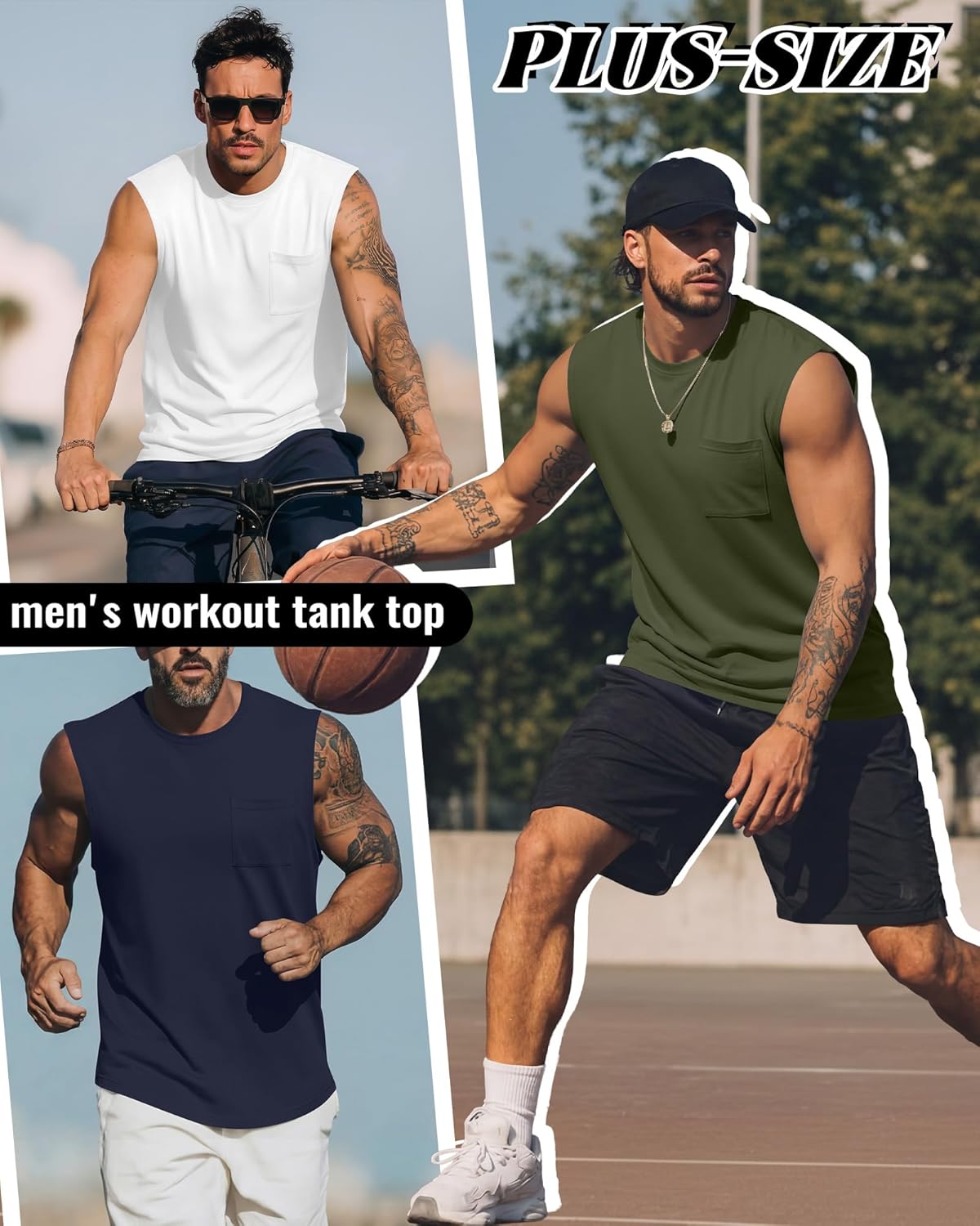 4 Pack Men's Big and Tall Tank Tops L-5XL Workout Sleeveless Gym Muscle Shirts Summer Crew Neck Tee with Pocket
