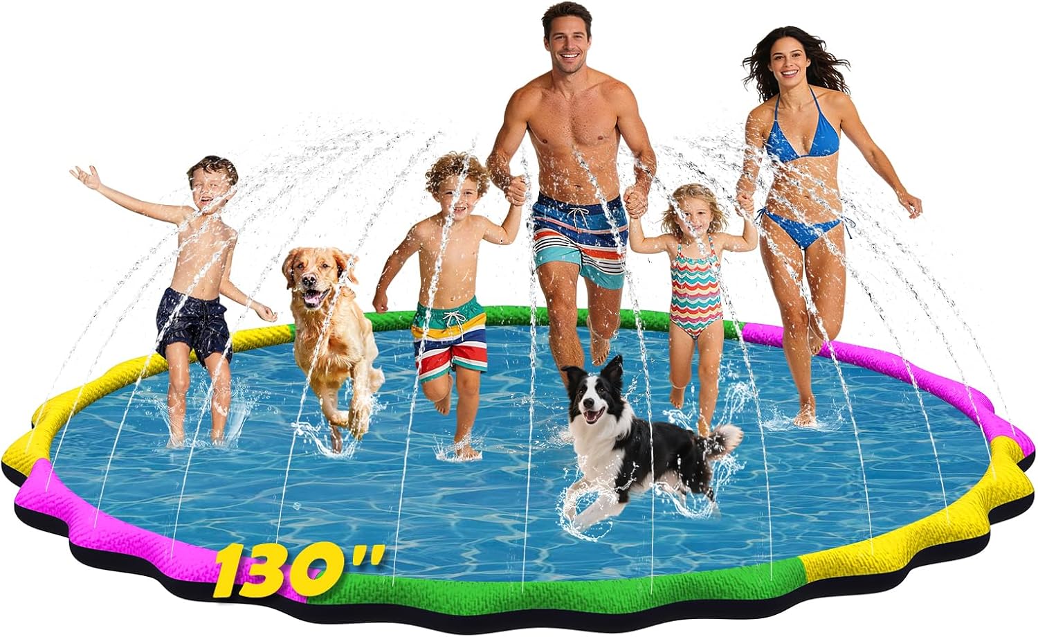 130” Extra Large Non-Slip Splash Pad for Kids & Dogs, 11FT Outdoor Water Sprinkler Pad, 0.5mm Thickened Tear-Resistant PVC, Kids Water Toy & Dog Pool for Backyard Family Fun