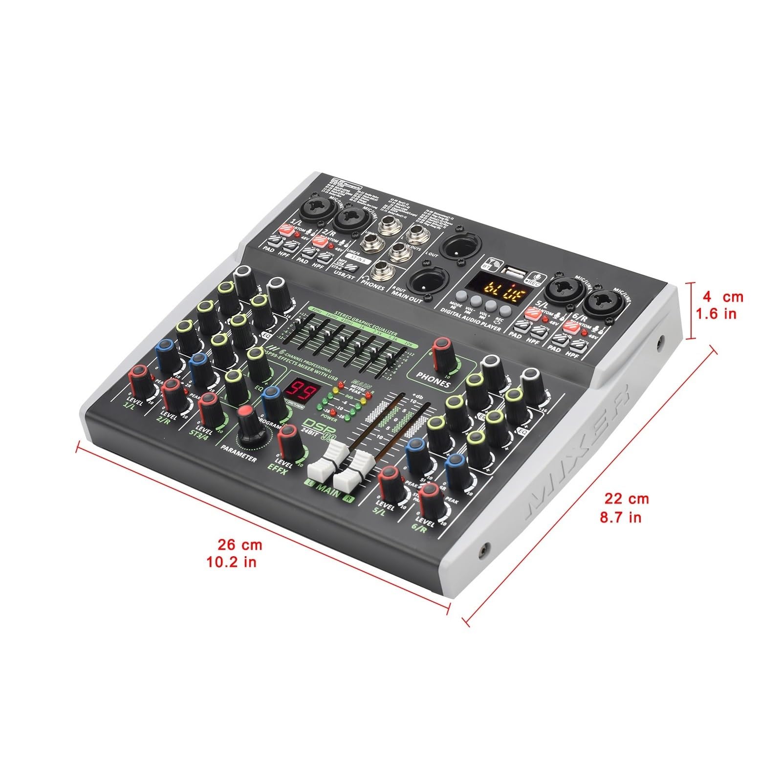 VChics Mixer Audio, Mini Mixer Audio A 6 Canali Console di Missaggio Audio 48V 99 DSP Tavolo PC USB Professionale Registra Riproduzione per Chitarre, Bassi, tastiere