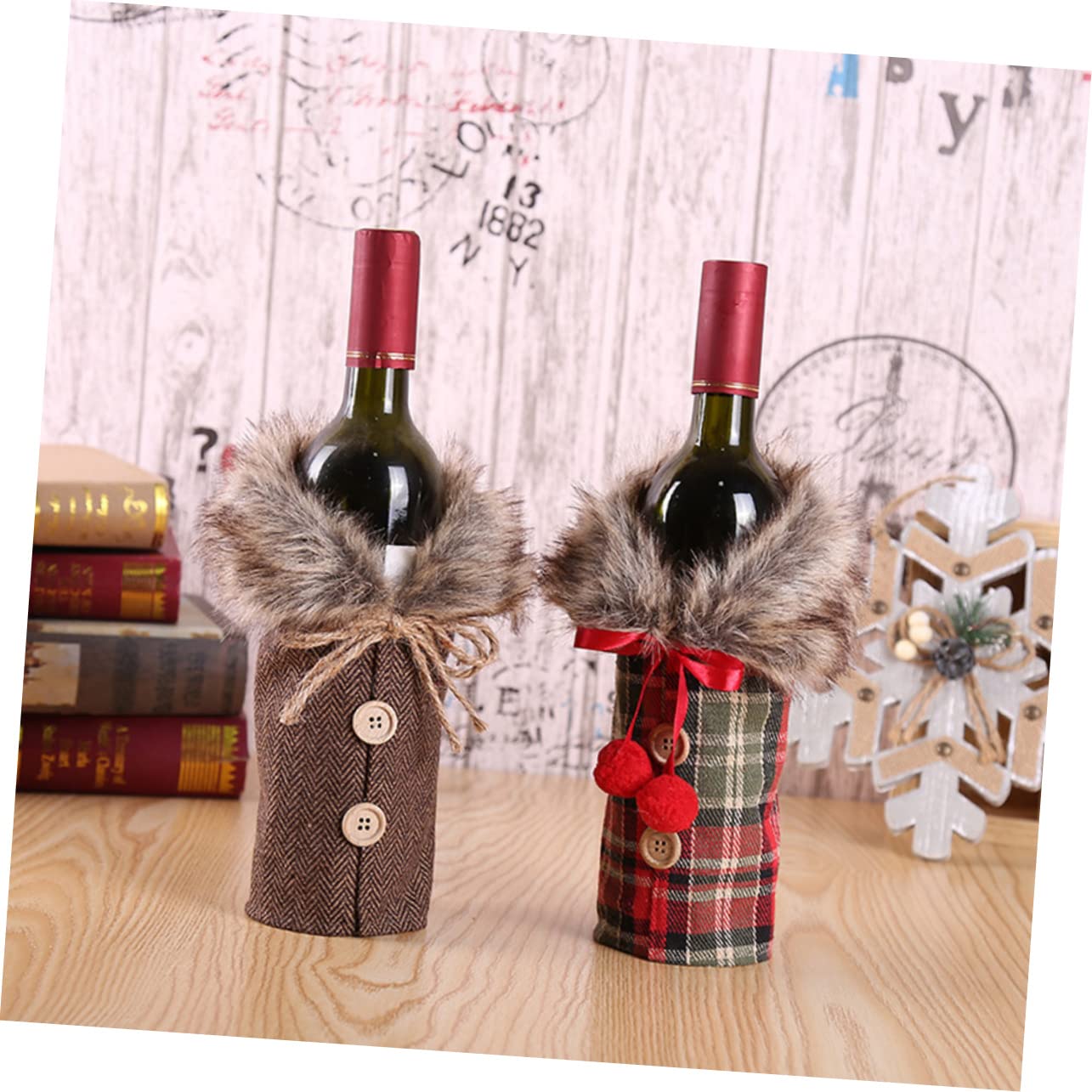 Mikinona 2 Pièces Housse de Bouteille Vin Noël Toile de Jute avec Nœud Couverture Décorative pour Fête et Ambiance Festive