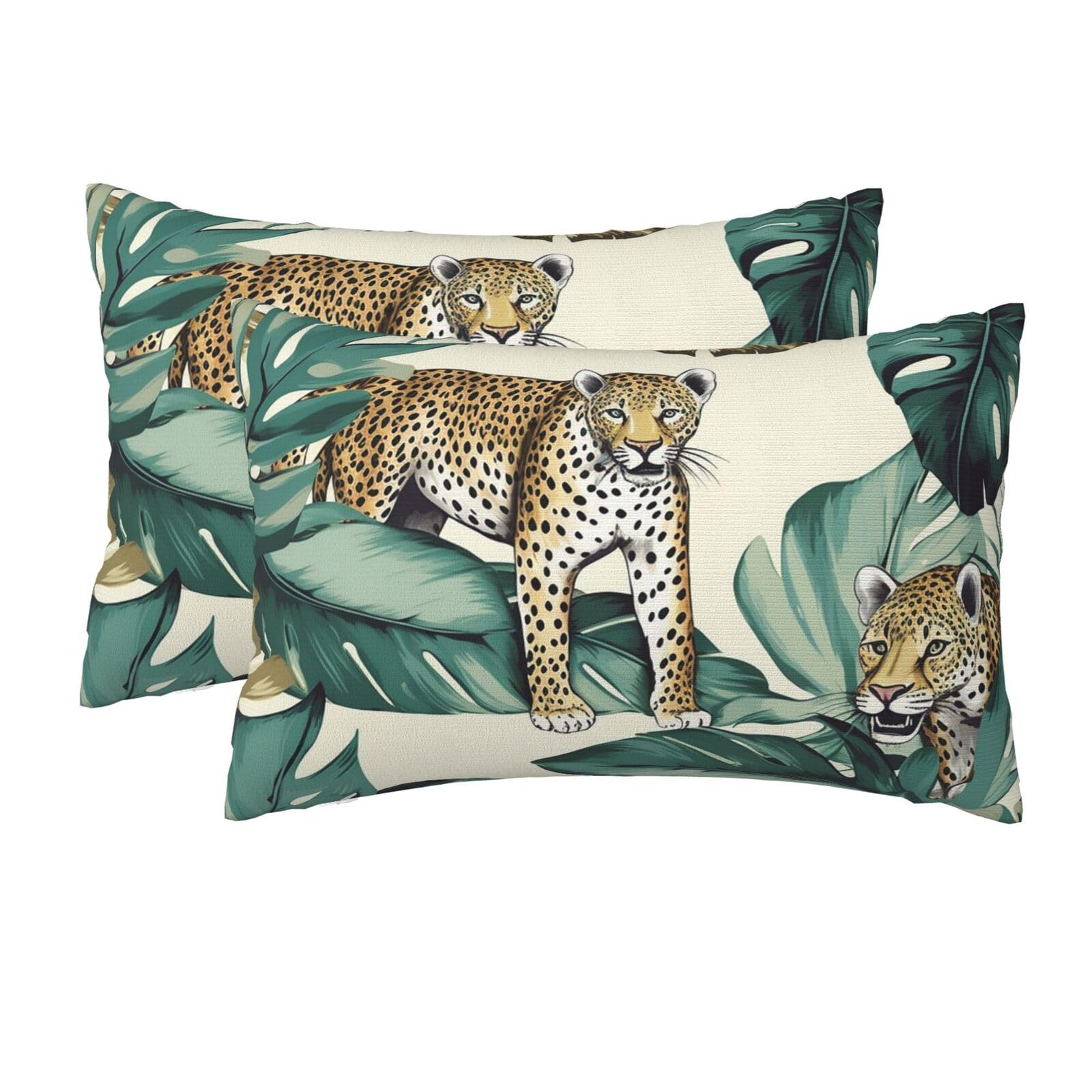 2 Pack Queen Pillow Cases with Hidden Zipper, Soft Breathable Pillow Covers for Hair and Skin, Leopard and Palm Leaves Pillowcases 20"x30" Bed Pillow Protectors Cover for Sleeping Gifts