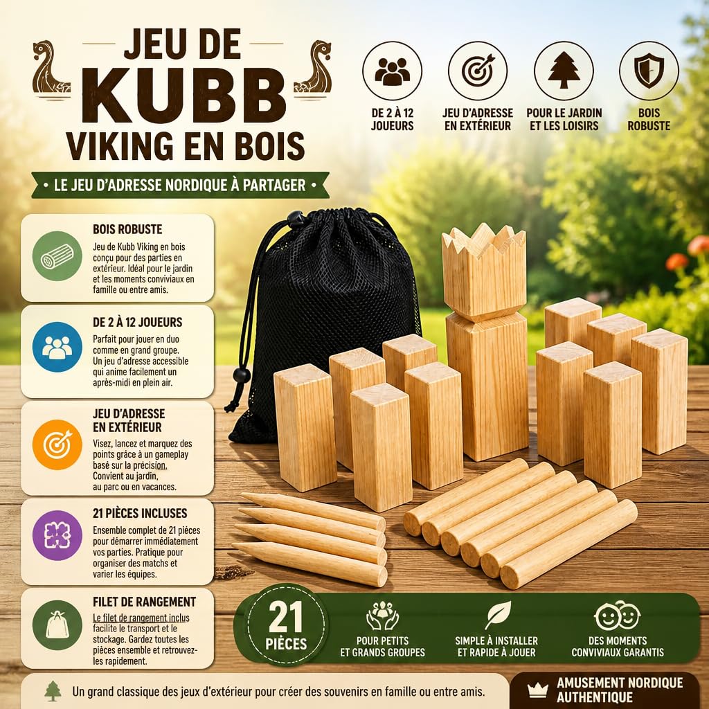 Jeu de Kubb Viking en Bois – 21 pièces – Jeu d’adresse d’extérieur pour Jardin – 2 à 12 Joueurs – Filet de Rangement Inclus