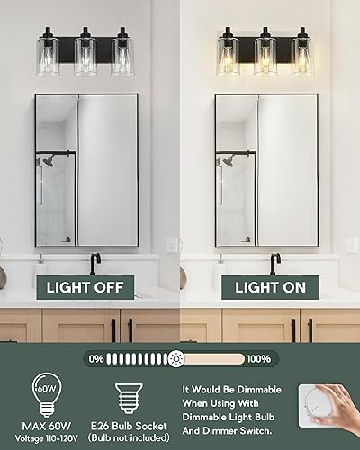 Miniatura 5 de VL143-MB-3 - Lámpara de tocador negra con pantalla cilíndrica de cristal transparente, accesorios de iluminación modernos sobre espejo, 3 luces para