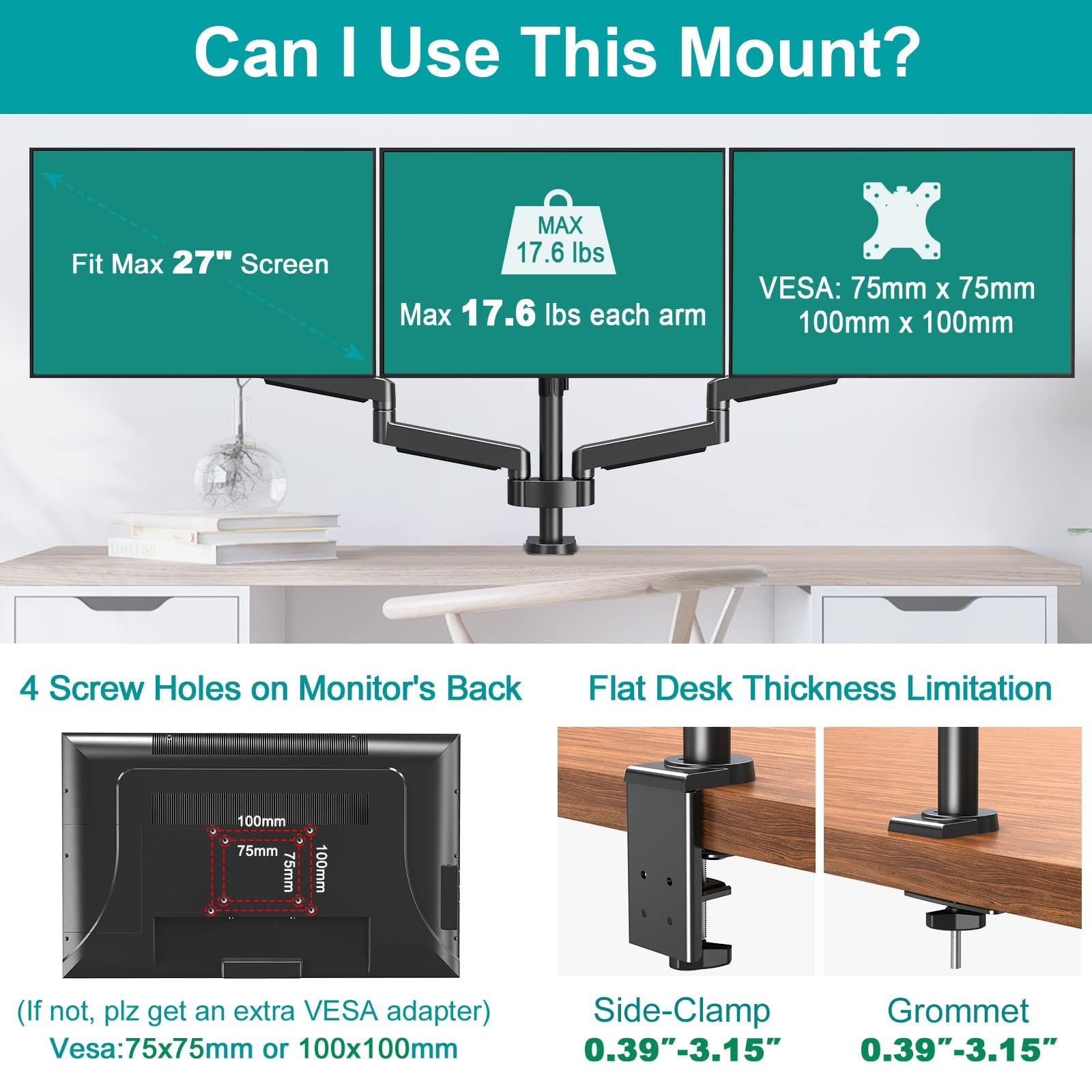 MOUNT PRO Triple Monitor Desk Mount Articulating Gas Spring Monitor