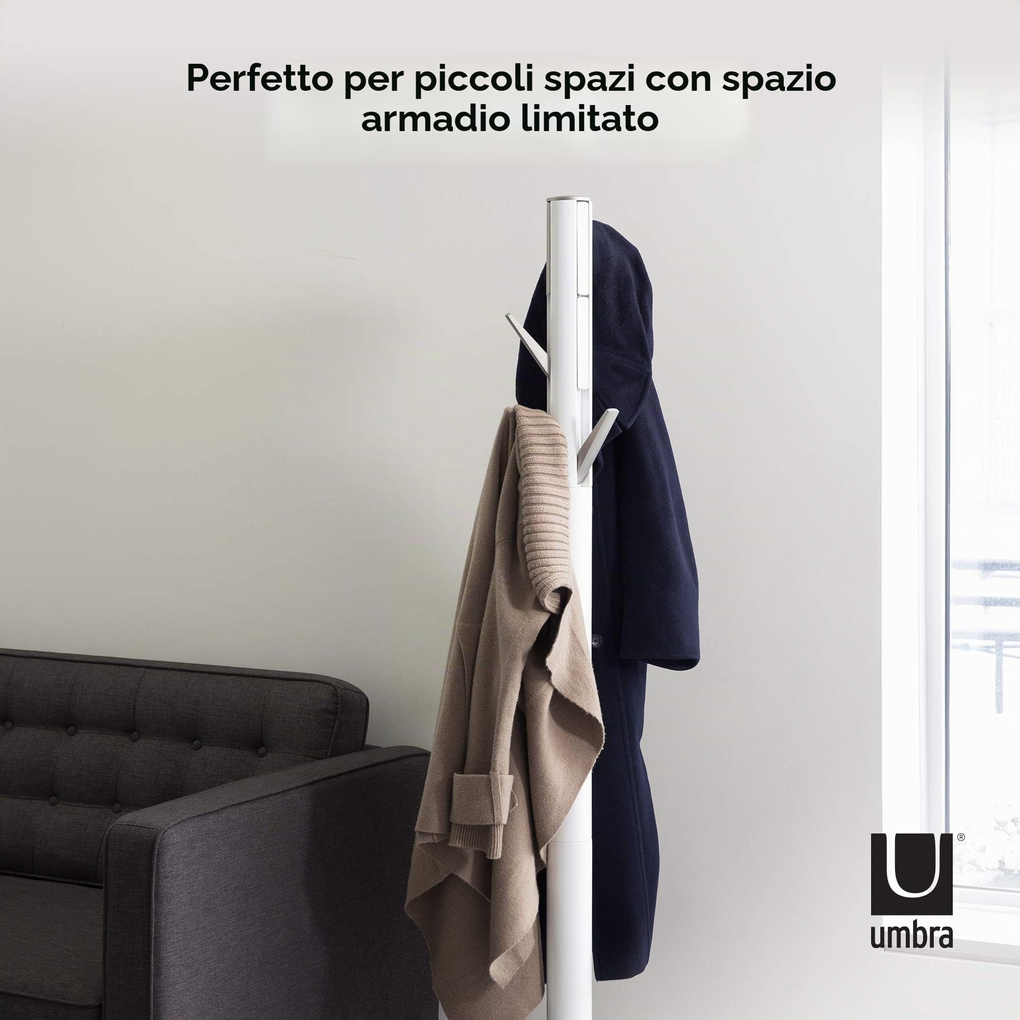 Umbra Flapper Attaccapanni da terra con 9 ganci ribaltabili, Legno di hevea, Bianco
